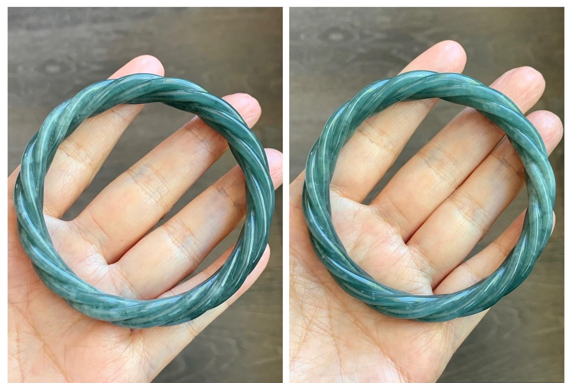 Certified Natural Grade A Guatemalan Icy Translucent Dark Dusty Teal Marbled Jade Jadeite Carved Braid Bangle 60.36m 7.46” 天然冰危深蓝绿翡翠麻花手镯 473