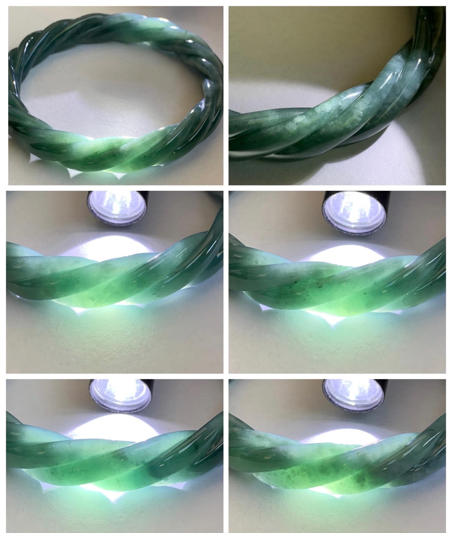 Certified Natural Grade A Guatemalan Icy Translucent Dark Dusty Teal Marbled Jade Jadeite Carved Braid Bangle 60.36m 7.46” 天然冰危深蓝绿翡翠麻花手镯 473