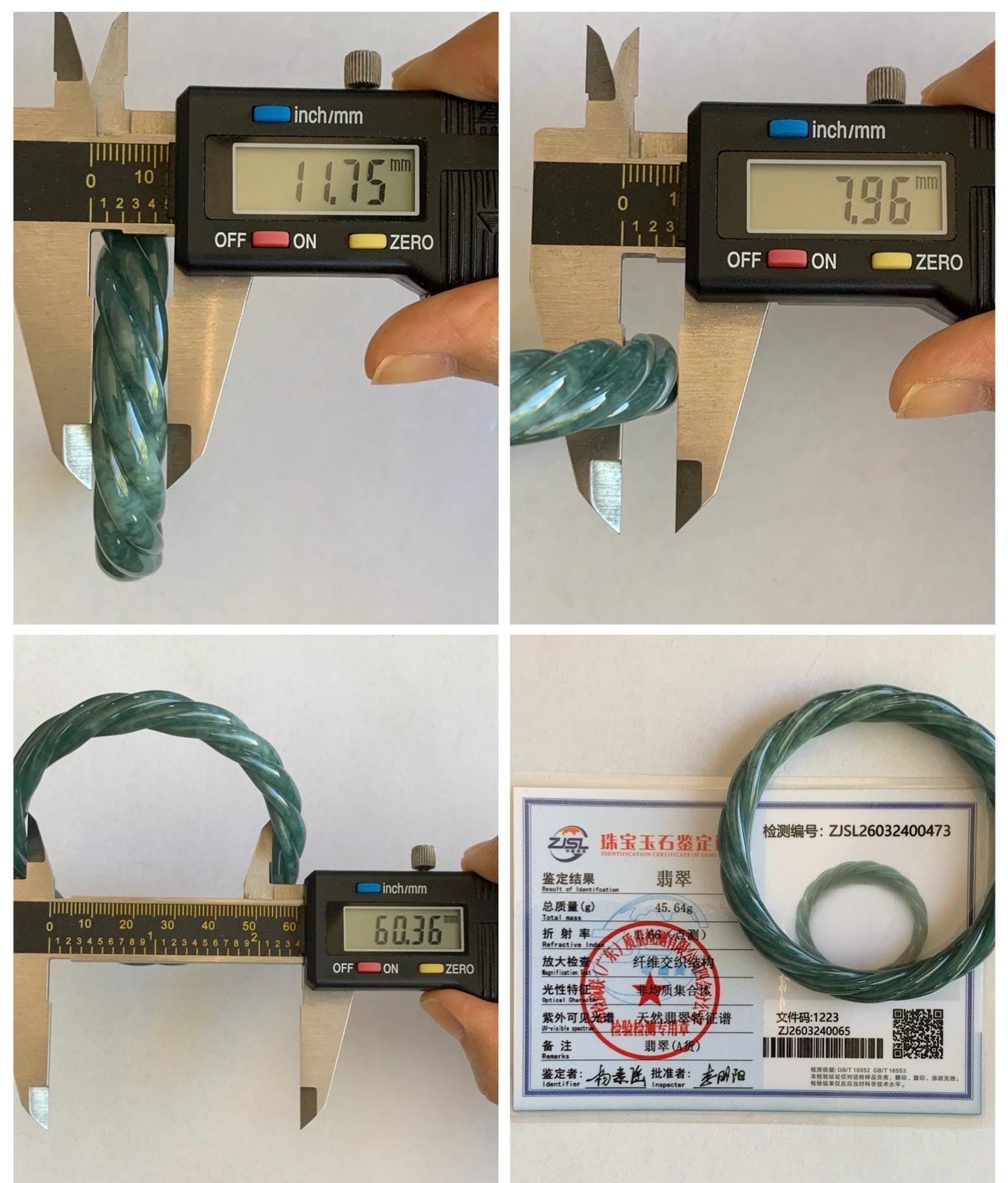 Certified Natural Grade A Guatemalan Icy Translucent Dark Dusty Teal Marbled Jade Jadeite Carved Braid Bangle 60.36m 7.46” 天然冰危深蓝绿翡翠麻花手镯 473