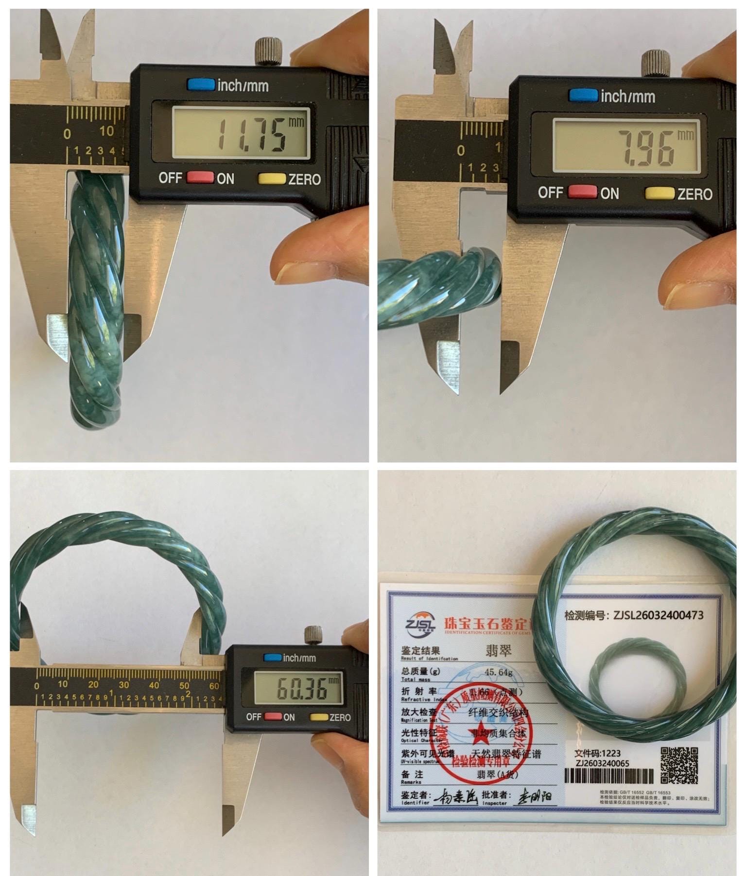 Certified Natural Grade A Guatemalan Icy Translucent Dark Dusty Teal Marbled Jade Jadeite Carved Braid Bangle 60.36m 7.46” 天然冰危深蓝绿翡翠麻花手镯 473