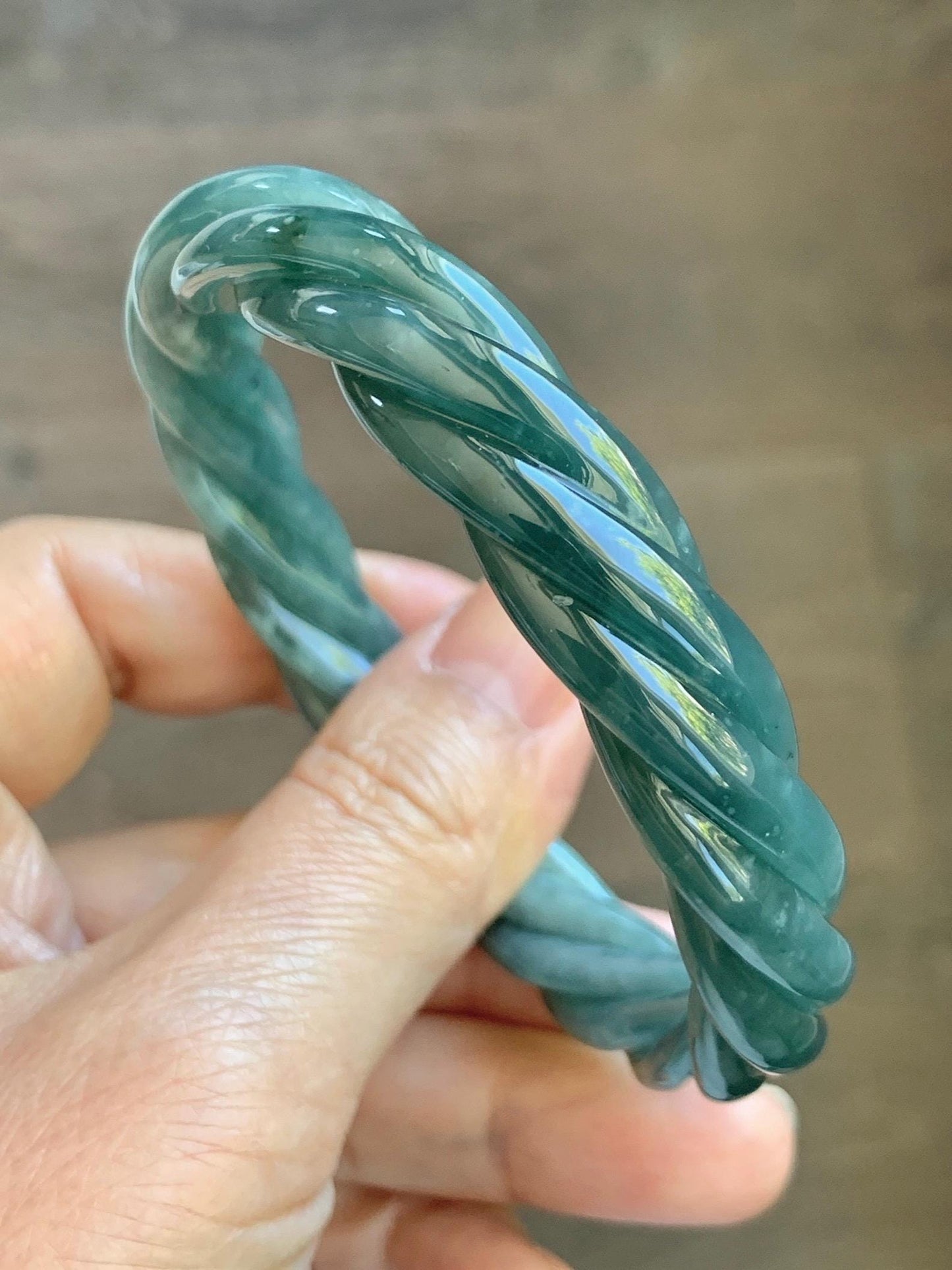 Certified Natural Grade A Guatemalan Icy Translucent Dark Dusty Teal Marbled Jade Jadeite Carved Braid Bangle 60.36m 7.46” 天然冰危深蓝绿翡翠麻花手镯 473