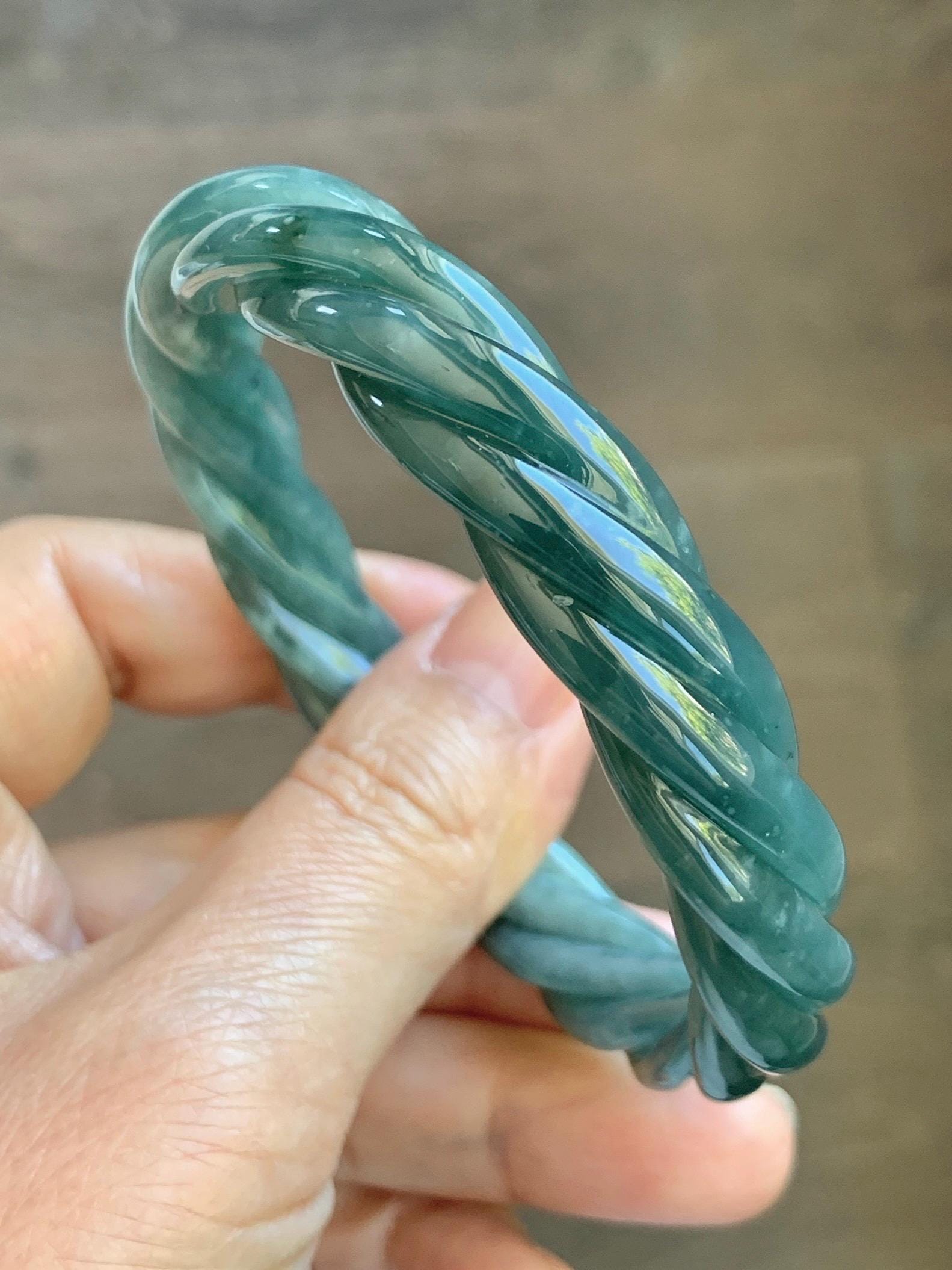 Certified Natural Grade A Guatemalan Icy Translucent Dark Dusty Teal Marbled Jade Jadeite Carved Braid Bangle 60.36m 7.46” 天然冰危深蓝绿翡翠麻花手镯 473