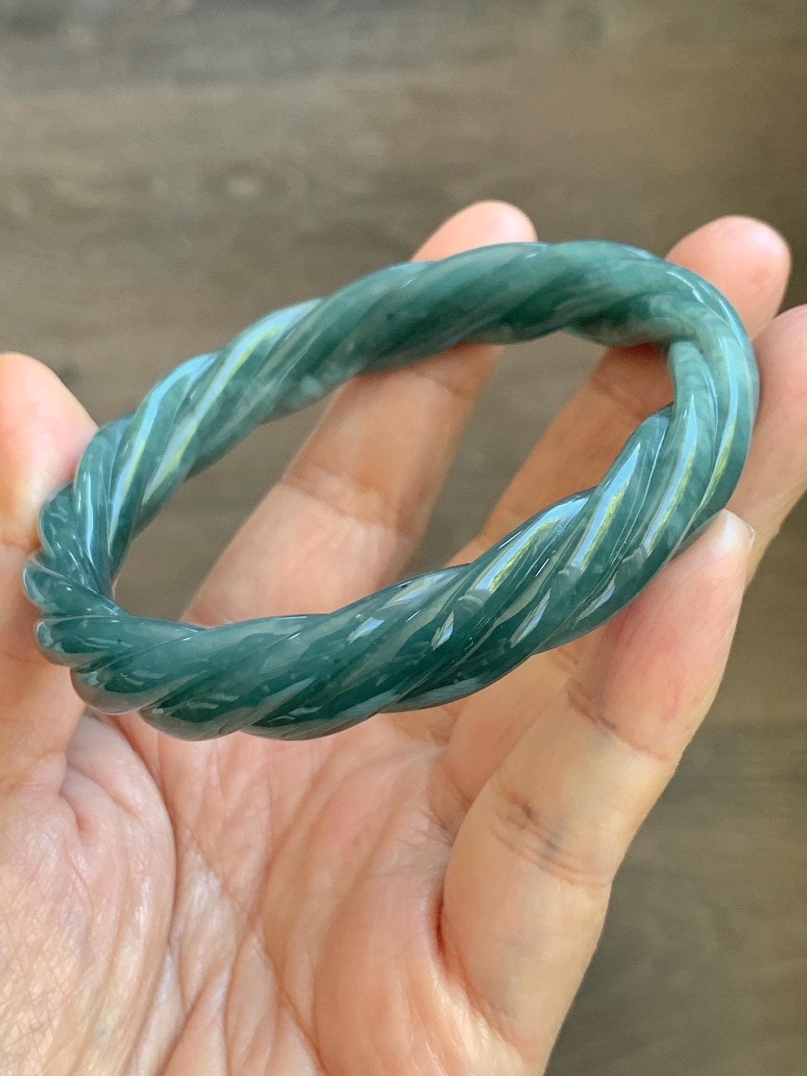 Certified Natural Grade A Guatemalan Icy Translucent Dark Dusty Teal Marbled Jade Jadeite Carved Braid Bangle 60.36m 7.46” 天然冰危深蓝绿翡翠麻花手镯 473