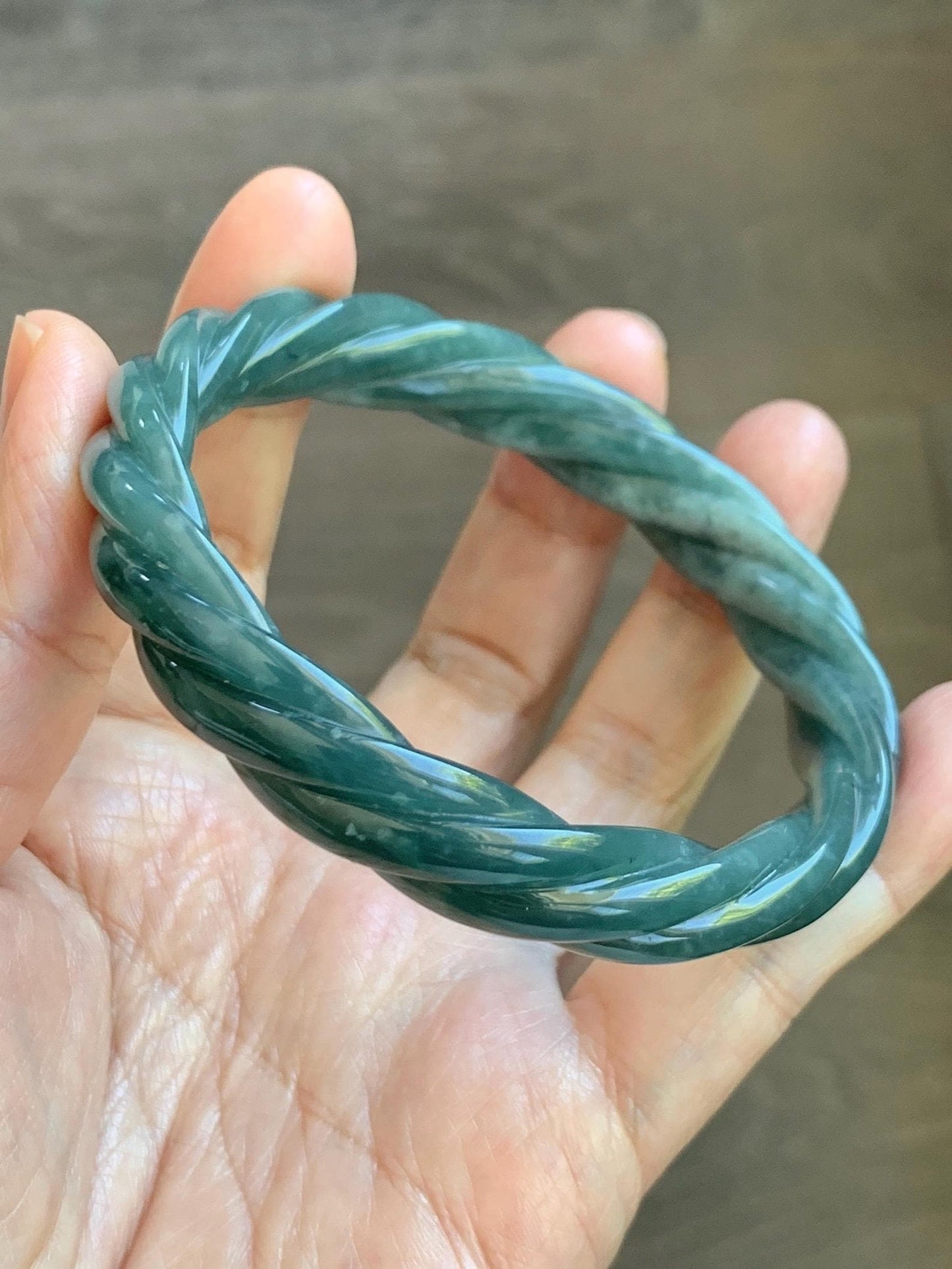 Certified Natural Grade A Guatemalan Icy Translucent Dark Dusty Teal Marbled Jade Jadeite Carved Braid Bangle 60.36m 7.46” 天然冰危深蓝绿翡翠麻花手镯 473