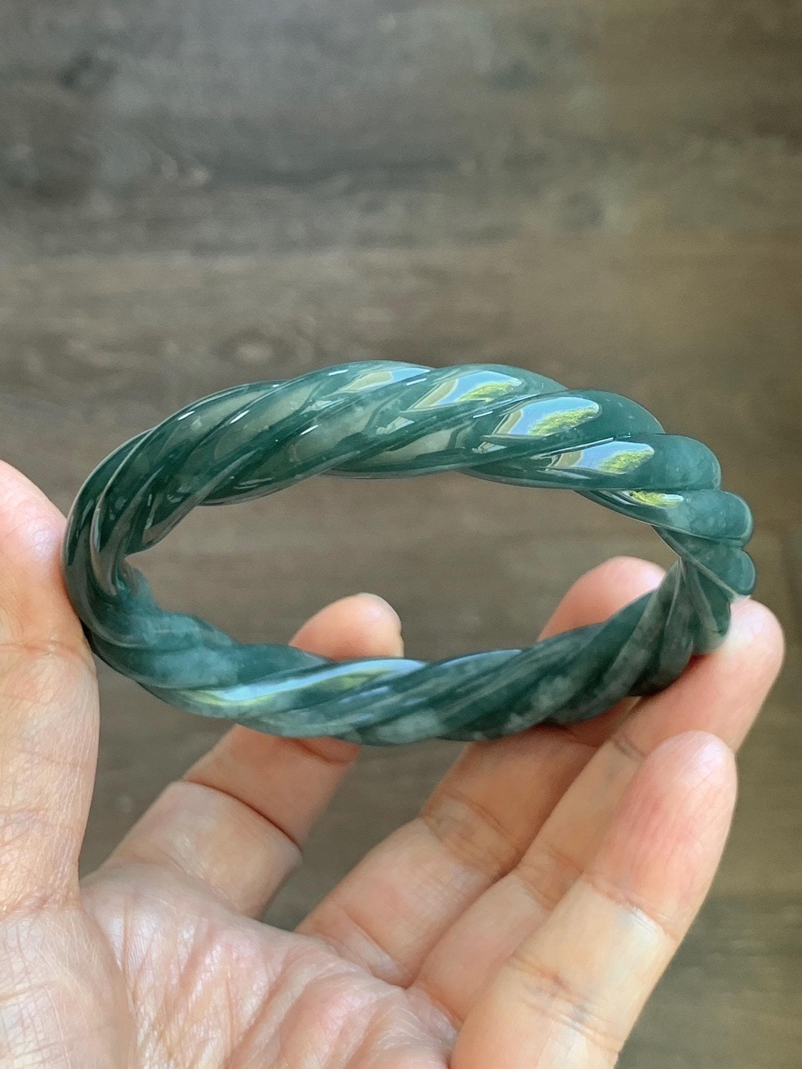Certified Natural Grade A Guatemalan Icy Translucent Dark Dusty Teal Marbled Jade Jadeite Carved Braid Bangle 60.36m 7.46” 天然冰危深蓝绿翡翠麻花手镯 473