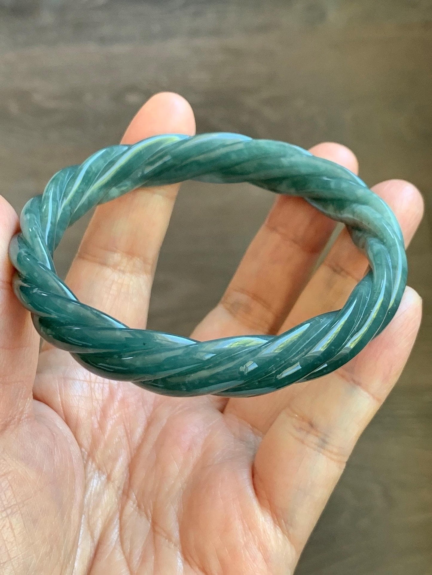 Certified Natural Grade A Guatemalan Icy Translucent Dark Dusty Teal Marbled Jade Jadeite Carved Braid Bangle 60.36m 7.46” 天然冰危深蓝绿翡翠麻花手镯 473
