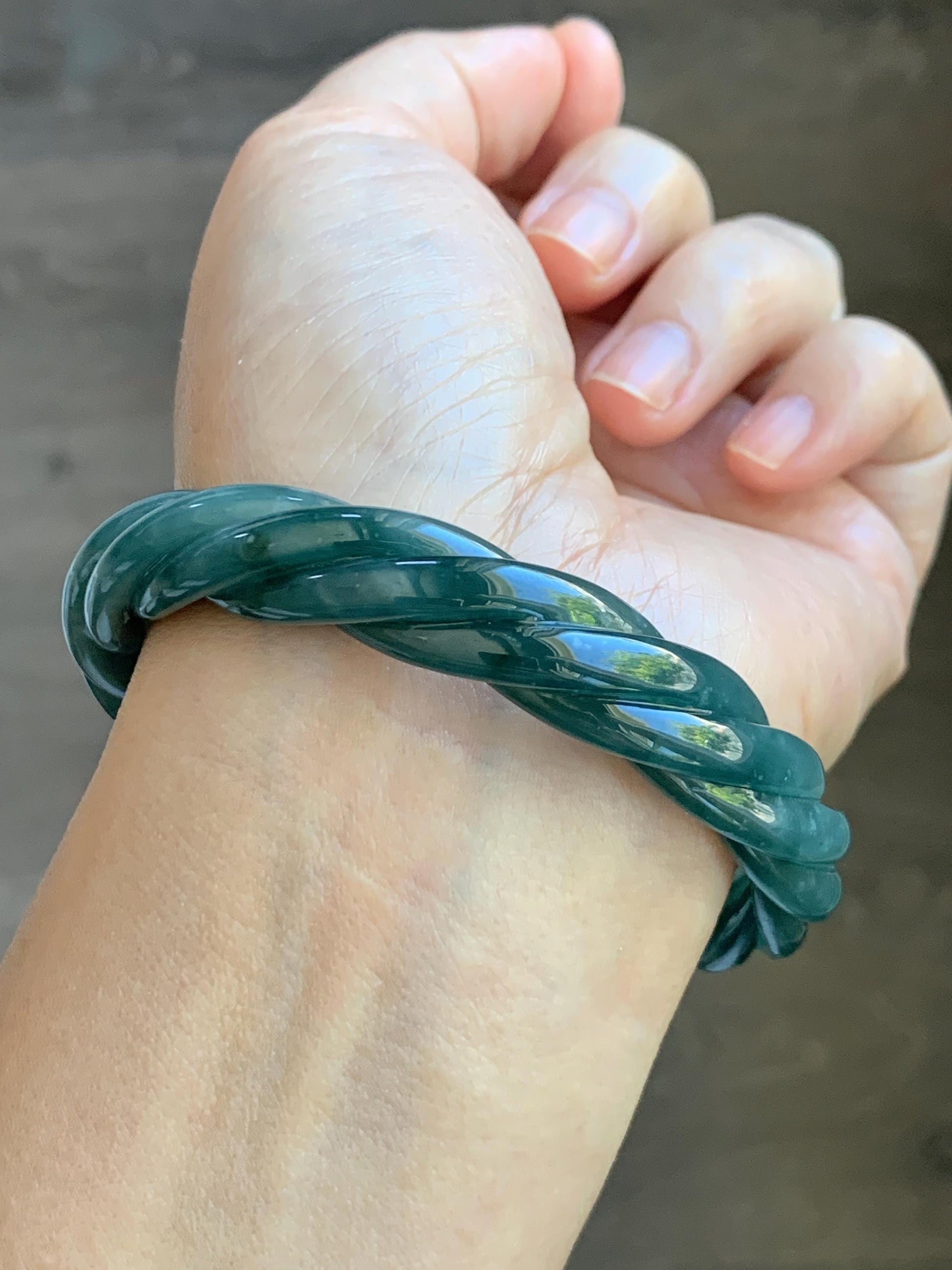 Certified Natural Grade A Guatemalan Icy Translucent Dark Dusty Teal Marbled Jade Jadeite Carved Braid Bangle 60.36m 7.46” 天然冰危深蓝绿翡翠麻花手镯 473