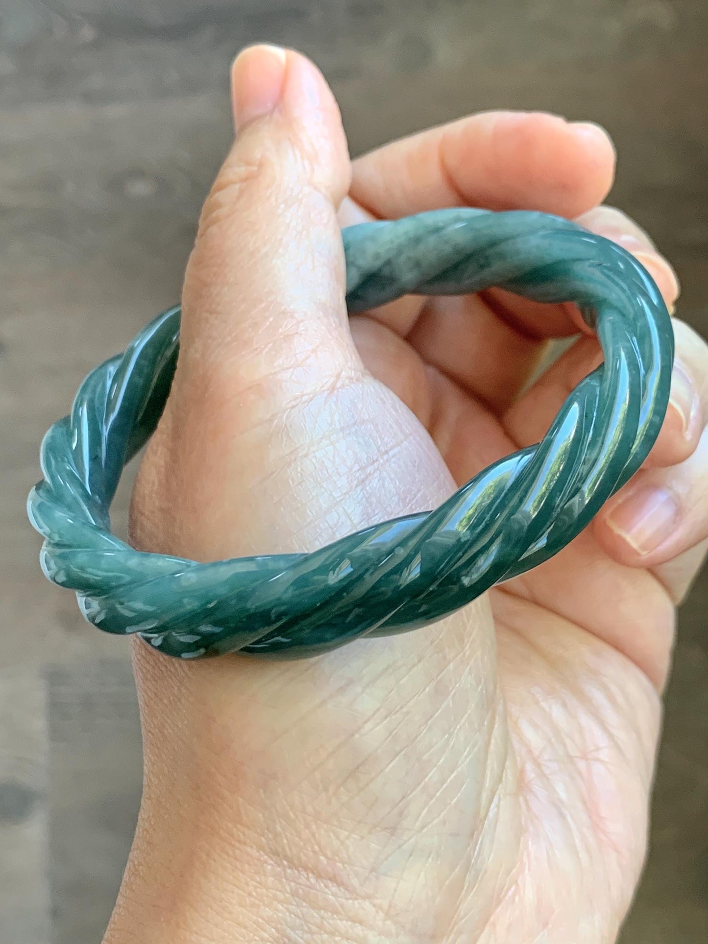 Certified Natural Grade A Guatemalan Icy Translucent Dark Dusty Teal Marbled Jade Jadeite Carved Braid Bangle 60.36m 7.46” 天然冰危深蓝绿翡翠麻花手镯 473