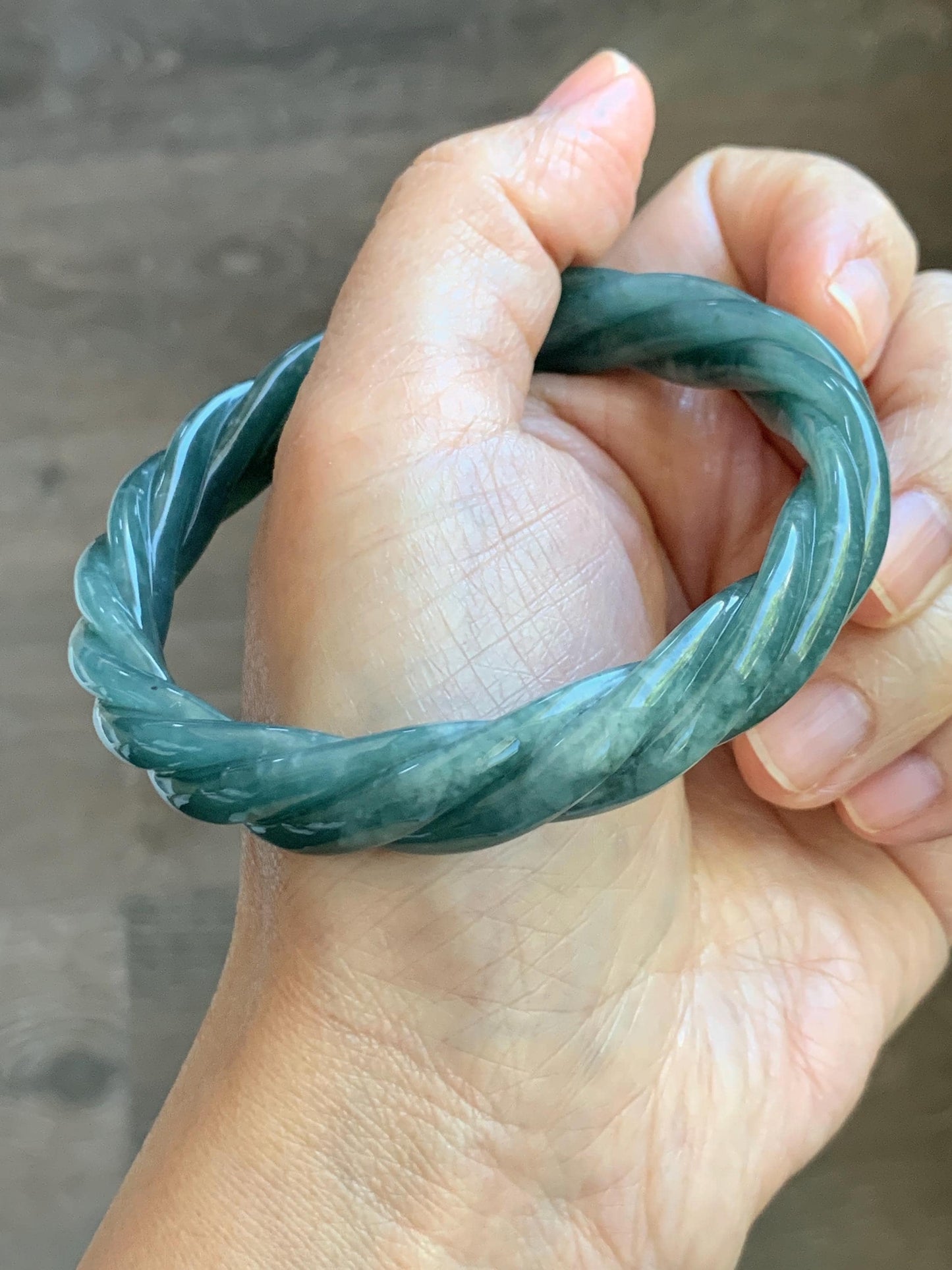 Certified Natural Grade A Guatemalan Icy Translucent Dark Dusty Teal Marbled Jade Jadeite Carved Braid Bangle 60.36m 7.46” 天然冰危深蓝绿翡翠麻花手镯 473