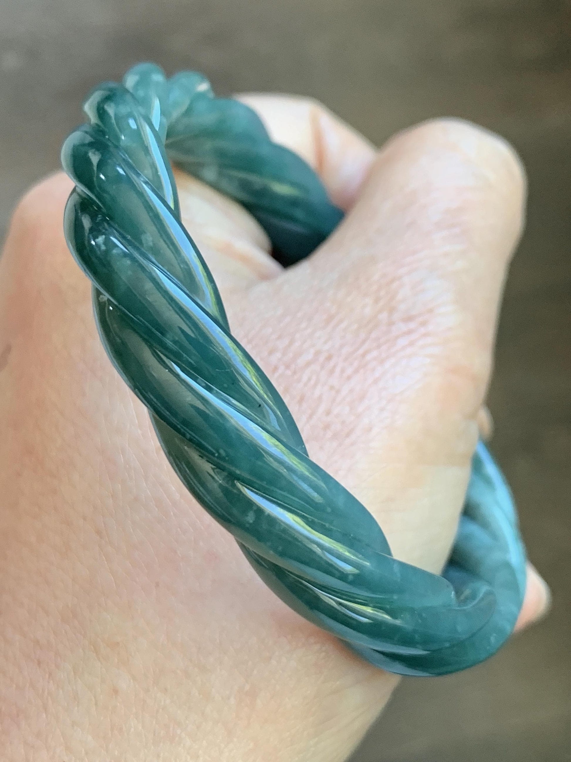Certified Natural Grade A Guatemalan Icy Translucent Dark Dusty Teal Marbled Jade Jadeite Carved Braid Bangle 60.36m 7.46” 天然冰危深蓝绿翡翠麻花手镯 473