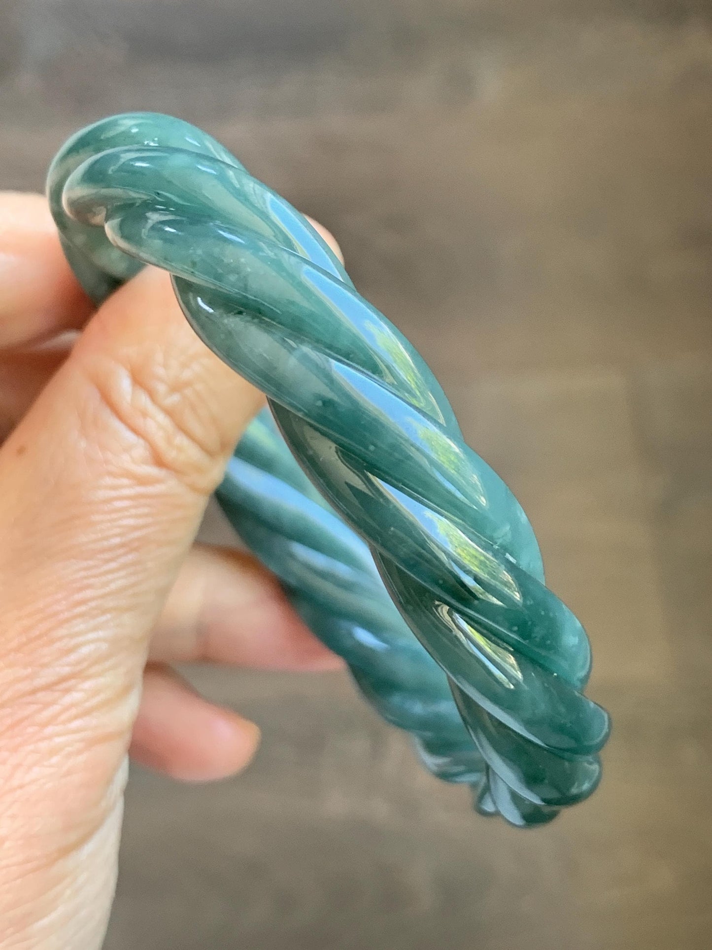 Certified Natural Grade A Guatemalan Icy Translucent Dark Dusty Teal Marbled Jade Jadeite Carved Braid Bangle 60.36m 7.46” 天然冰危深蓝绿翡翠麻花手镯 473