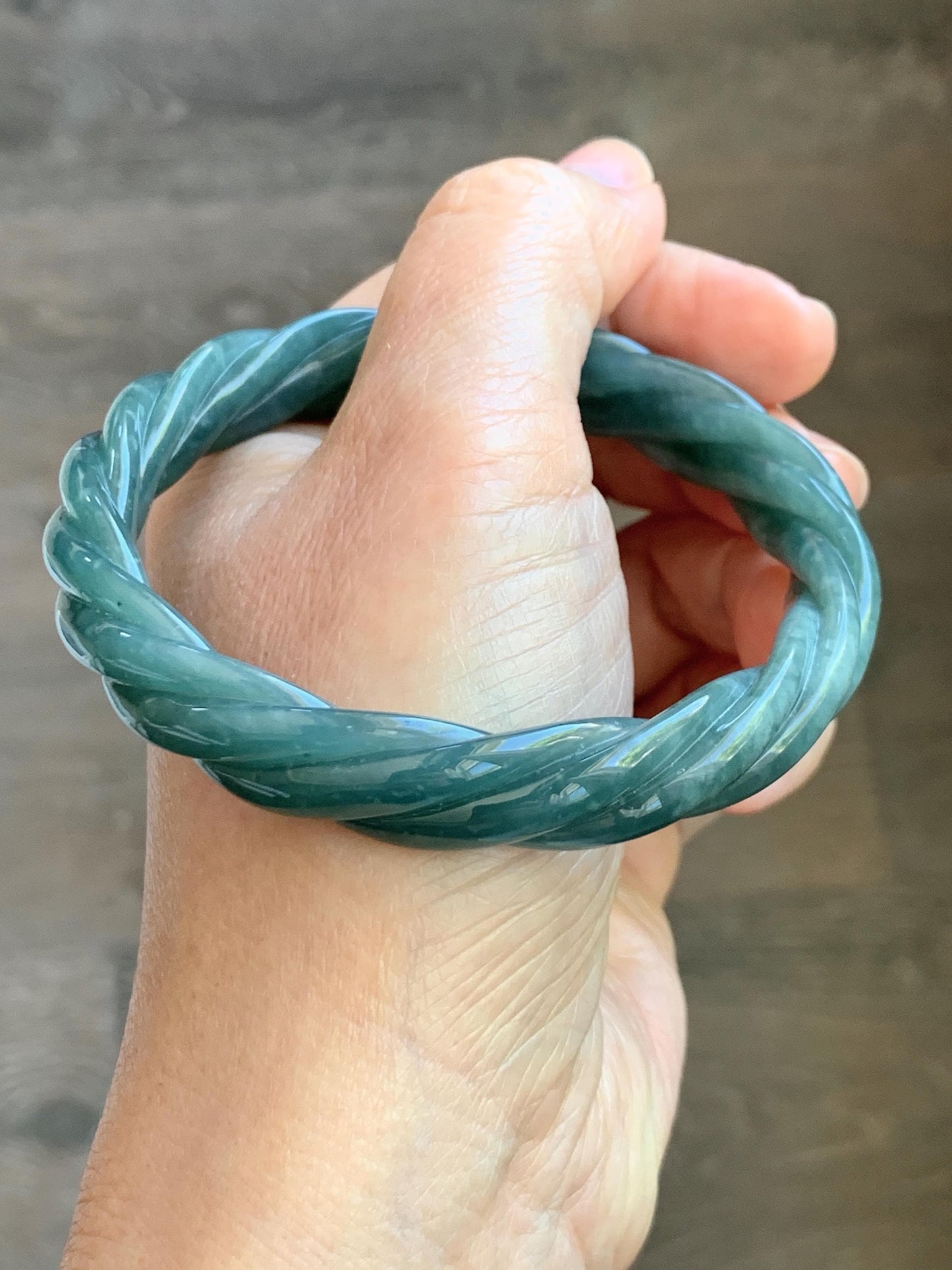 Certified Natural Grade A Guatemalan Icy Translucent Dark Dusty Teal Marbled Jade Jadeite Carved Braid Bangle 60.36m 7.46” 天然冰危深蓝绿翡翠麻花手镯 473