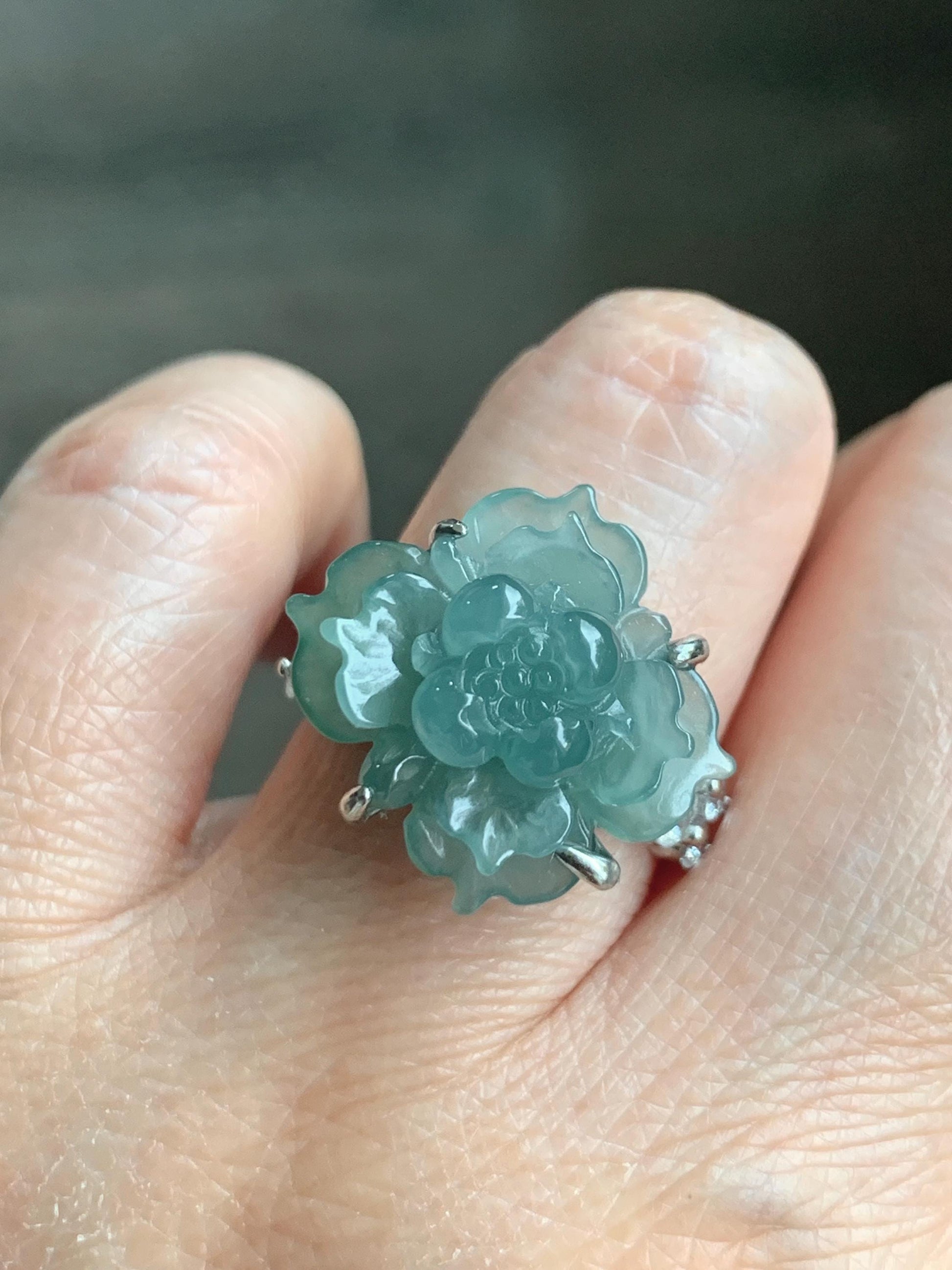 Natural Grade A Guatemalan Icy Translucent Dusty Teal Jade Jadeite Lotus Flower Ring Sterling Silver Size Adjustable 5g 天然冰危蓝绿翡翠莲花戒指 WLY150E
