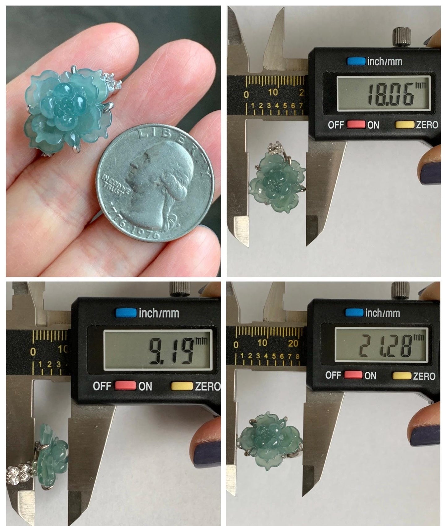 Natural Grade A Guatemalan Icy Translucent Dusty Teal Jade Jadeite Lotus Flower Ring Sterling Silver Size Adjustable 5g 天然冰危蓝绿翡翠莲花戒指 WLY150E