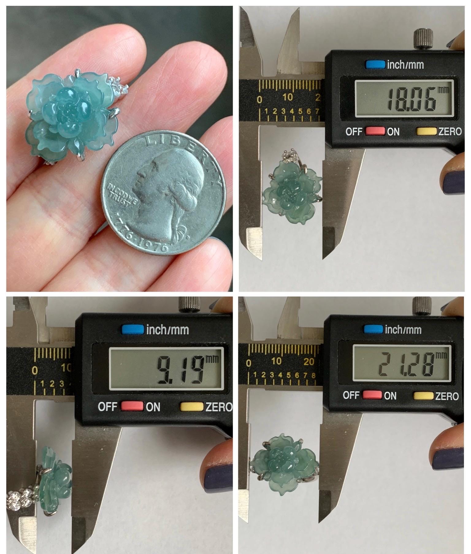 Natural Grade A Guatemalan Icy Translucent Dusty Teal Jade Jadeite Lotus Flower Ring Sterling Silver Size Adjustable 5g 天然冰危蓝绿翡翠莲花戒指 WLY150E