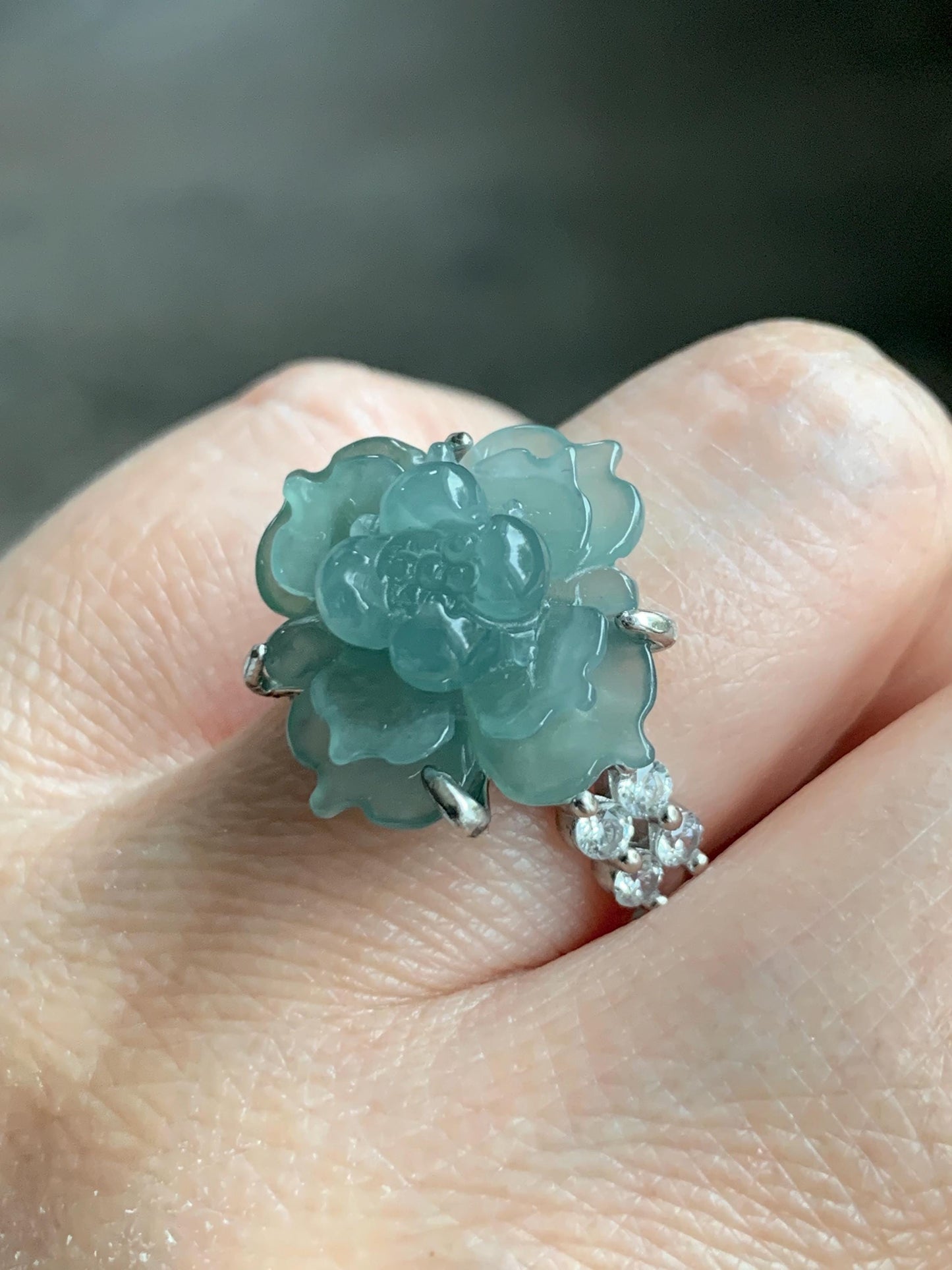 Natural Grade A Guatemalan Icy Translucent Dusty Teal Jade Jadeite Lotus Flower Ring Sterling Silver Size Adjustable 5g 天然冰危蓝绿翡翠莲花戒指 WLY150E
