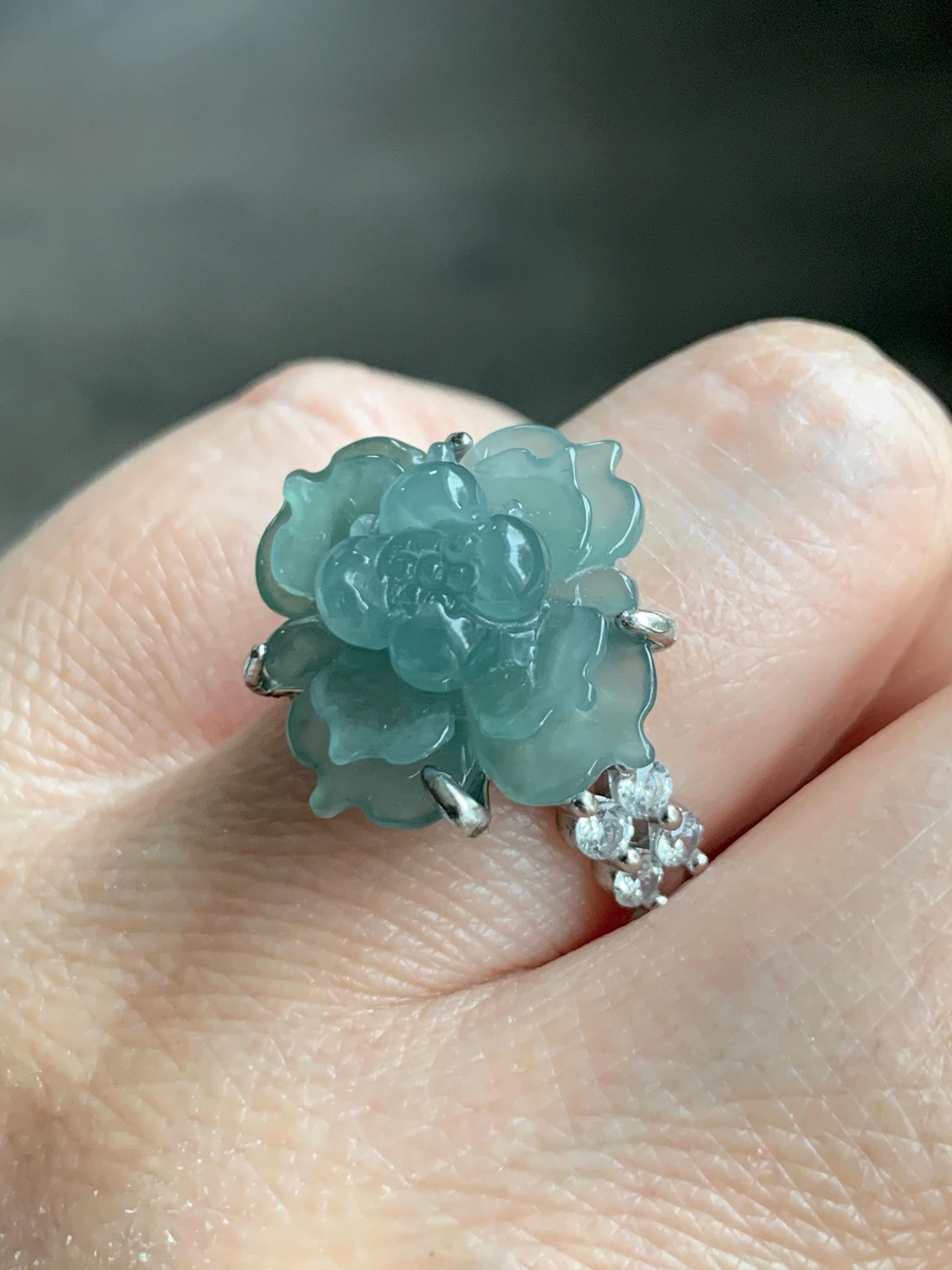 Natural Grade A Guatemalan Icy Translucent Dusty Teal Jade Jadeite Lotus Flower Ring Sterling Silver Size Adjustable 5g 天然冰危蓝绿翡翠莲花戒指 WLY150E