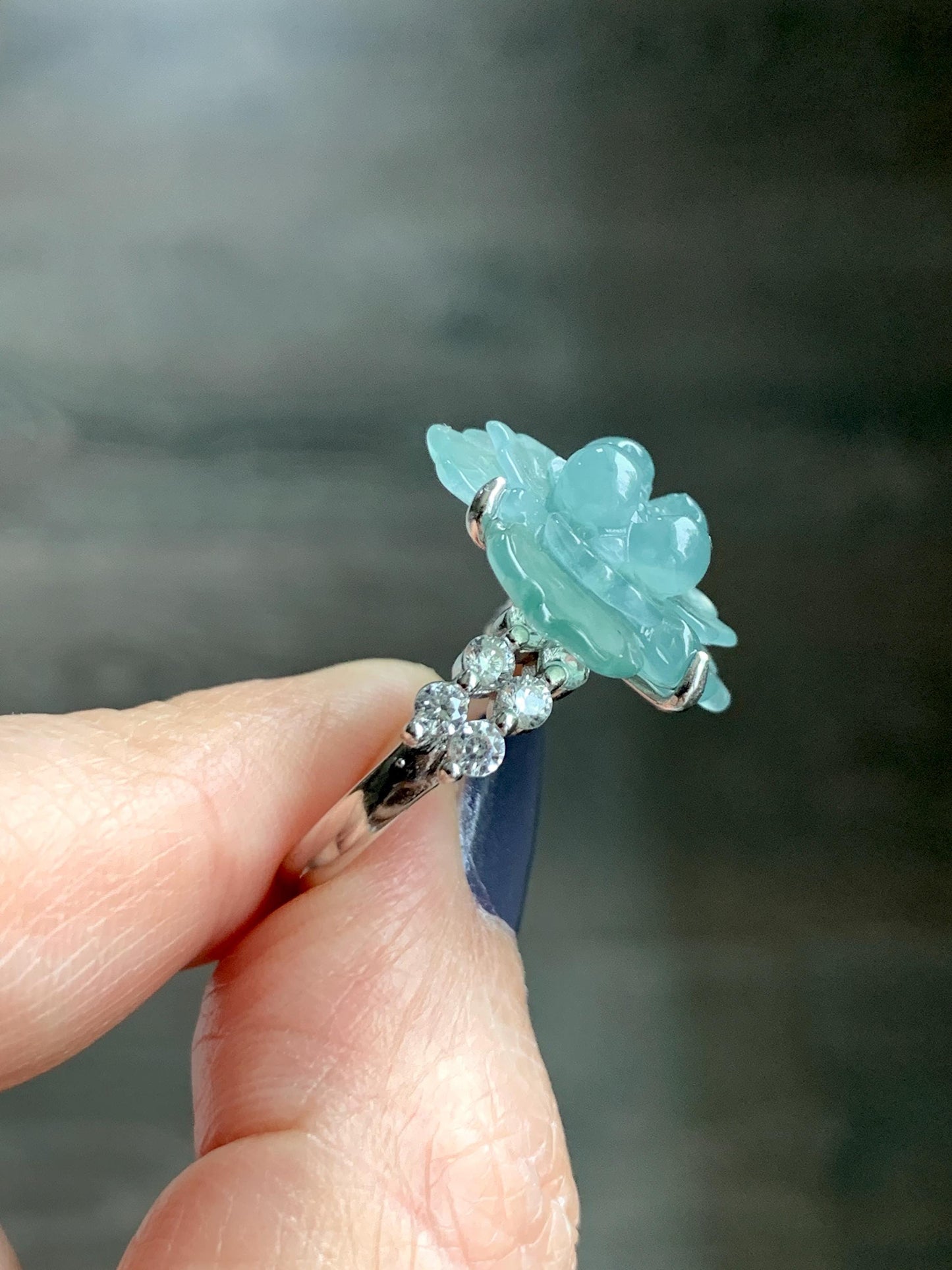 Natural Grade A Guatemalan Icy Translucent Dusty Teal Jade Jadeite Lotus Flower Ring Sterling Silver Size Adjustable 5g 天然冰危蓝绿翡翠莲花戒指 WLY150E