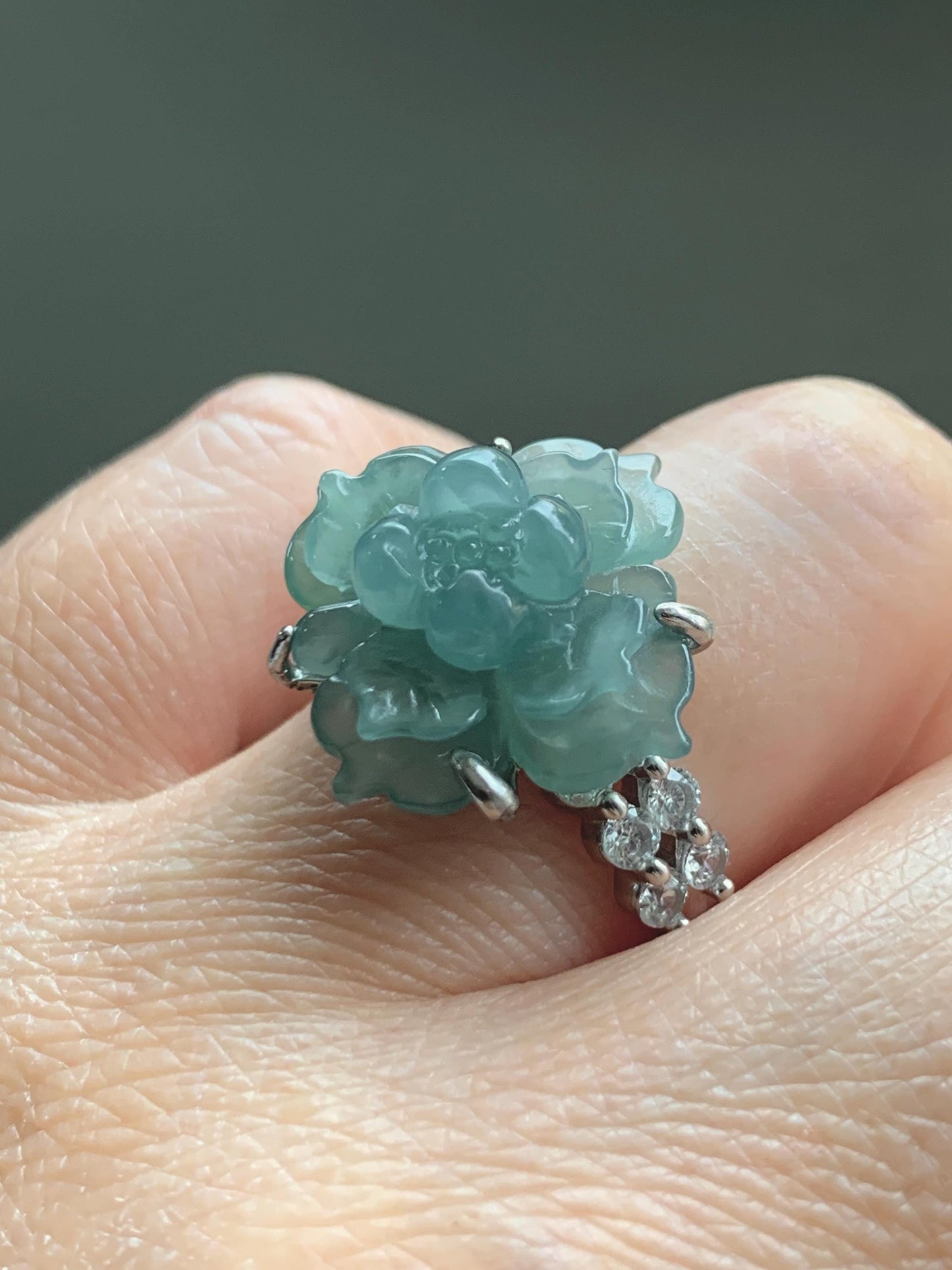 Natural Grade A Guatemalan Icy Translucent Dusty Teal Jade Jadeite Lotus Flower Ring Sterling Silver Size Adjustable 5g 天然冰危蓝绿翡翠莲花戒指 WLY150E