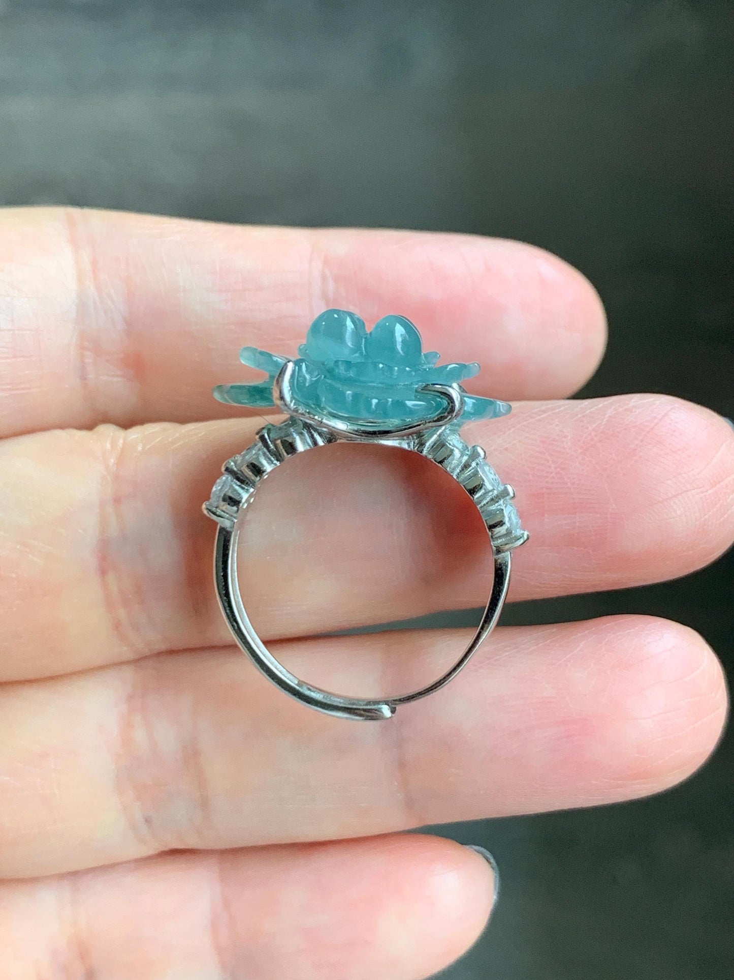Natural Grade A Guatemalan Icy Translucent Dusty Teal Jade Jadeite Lotus Flower Ring Sterling Silver Size Adjustable 5g 天然冰危蓝绿翡翠莲花戒指 WLY150E