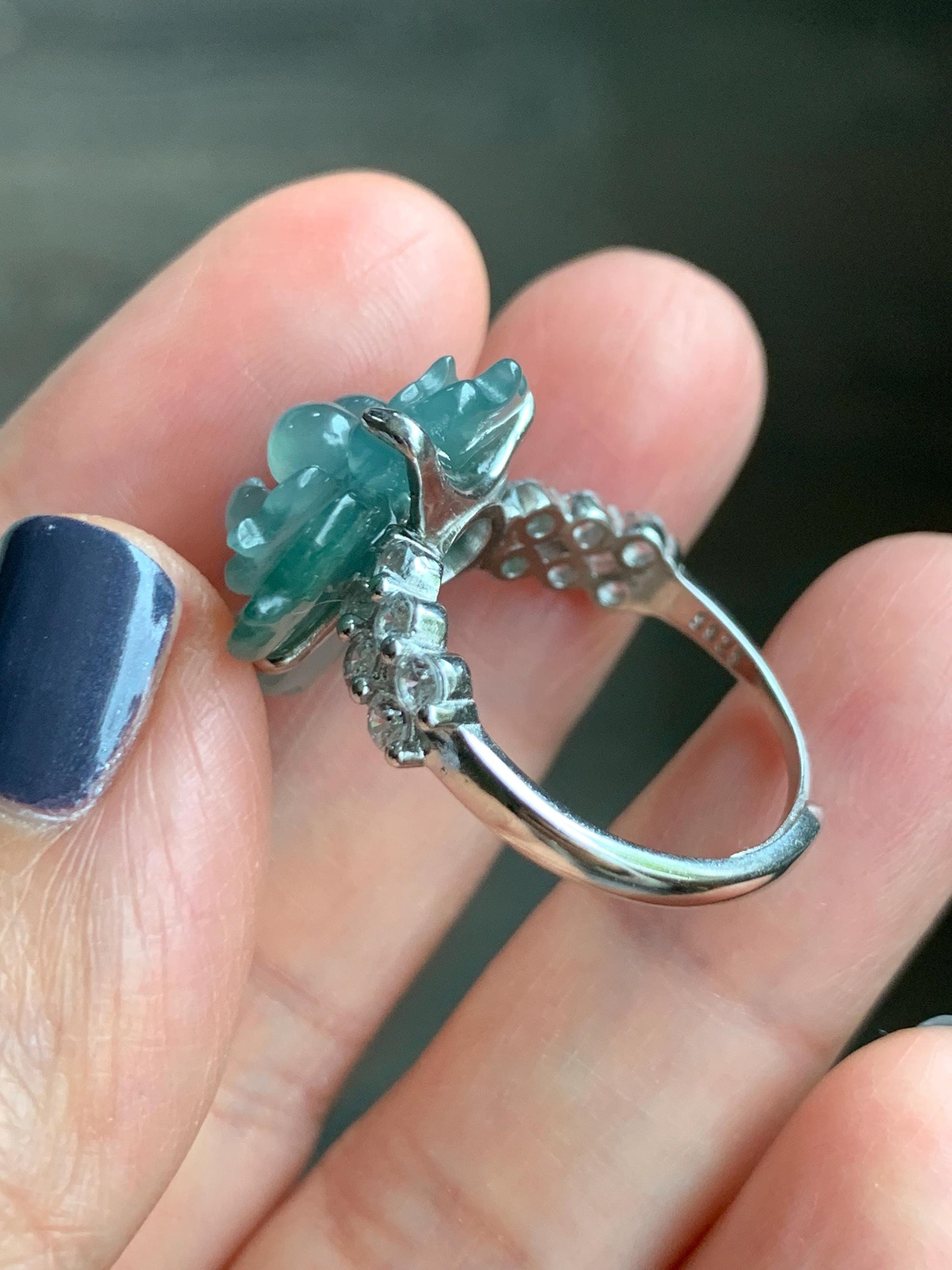 Natural Grade A Guatemalan Icy Translucent Dusty Teal Jade Jadeite Lotus Flower Ring Sterling Silver Size Adjustable 5g 天然冰危蓝绿翡翠莲花戒指 WLY150E