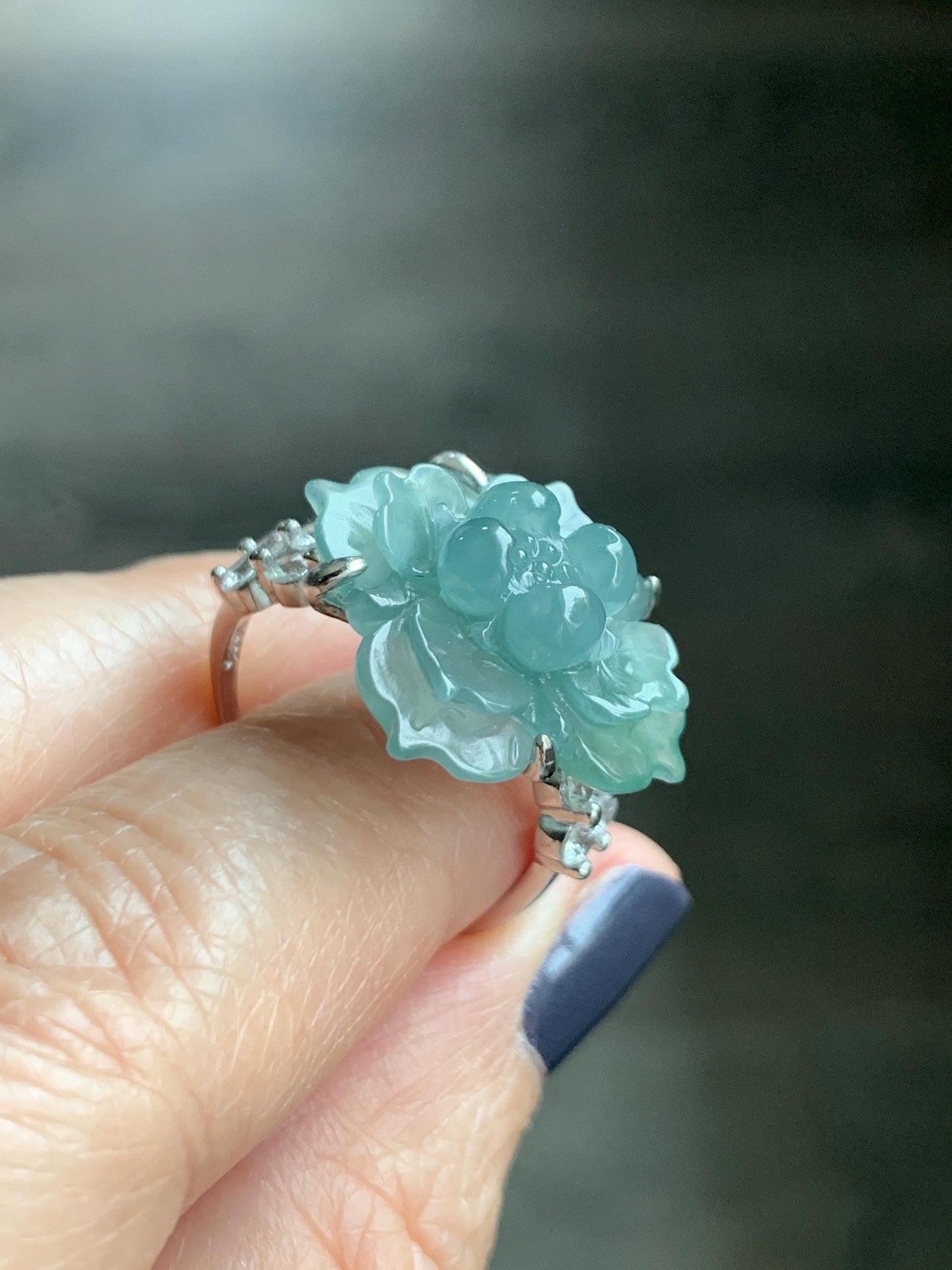 Natural Grade A Guatemalan Icy Translucent Dusty Teal Jade Jadeite Lotus Flower Ring Sterling Silver Size Adjustable 5g 天然冰危蓝绿翡翠莲花戒指 WLY150E