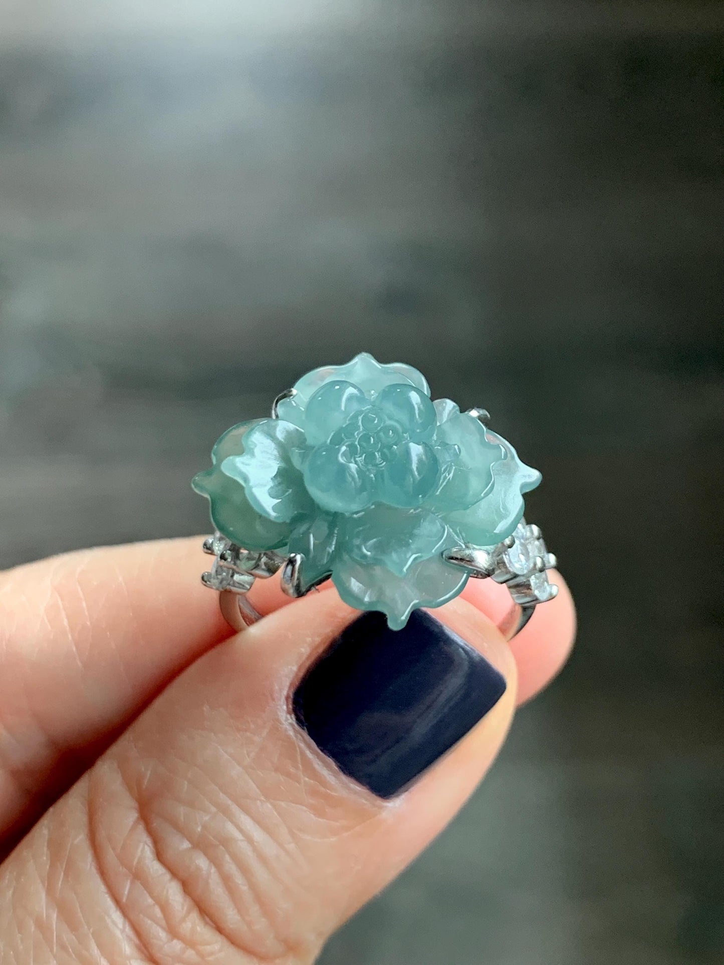 Natural Grade A Guatemalan Icy Translucent Dusty Teal Jade Jadeite Lotus Flower Ring Sterling Silver Size Adjustable 5g 天然冰危蓝绿翡翠莲花戒指 WLY150E