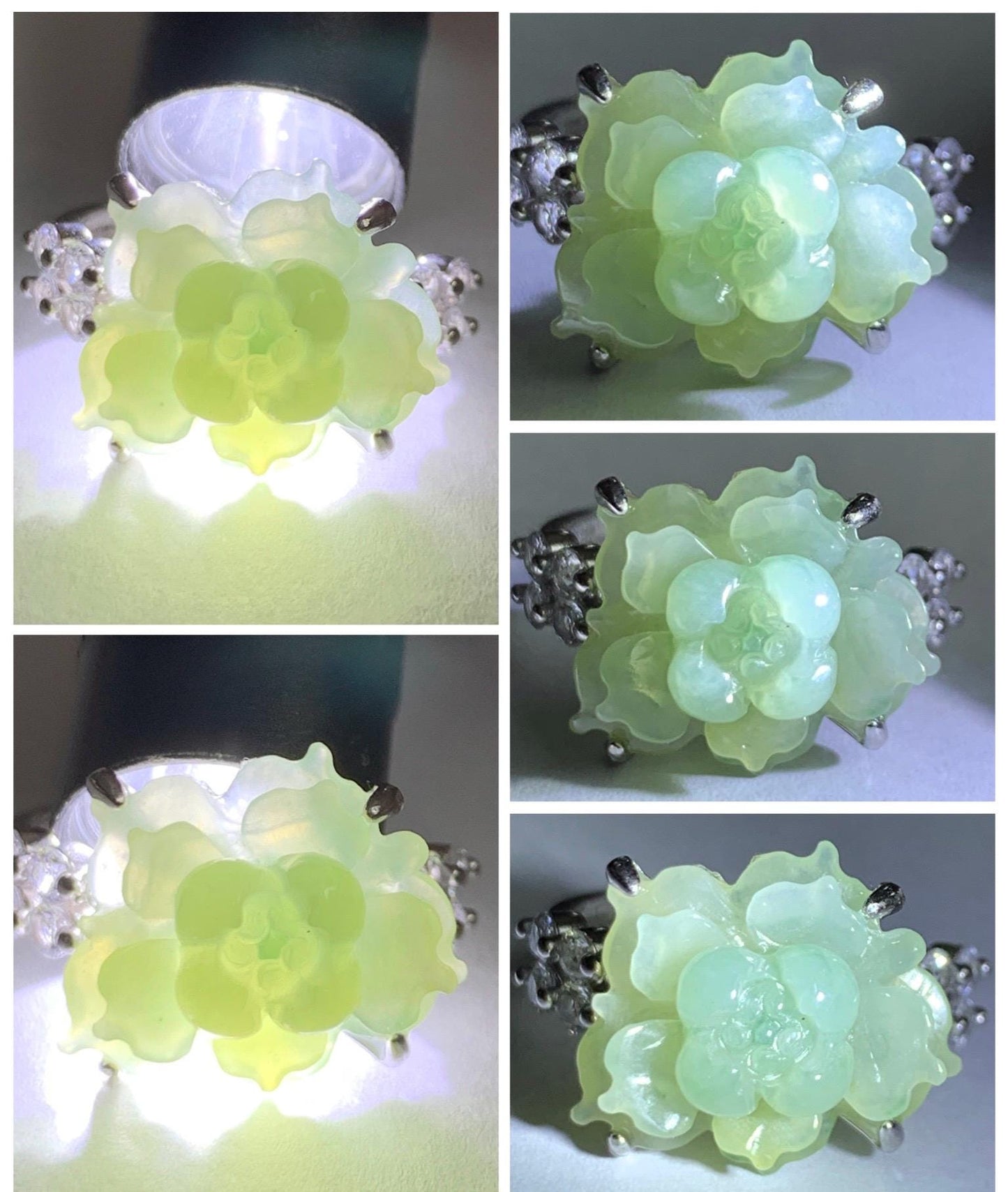 Natural Grade A Guatemalan Icy Dusty Pastel Yellow Jade Jadeite Lotus Flower Ring Sterling Silver Size Adjustable 5g 天然冰危浅黄翡翠莲花戒指 WLY150F