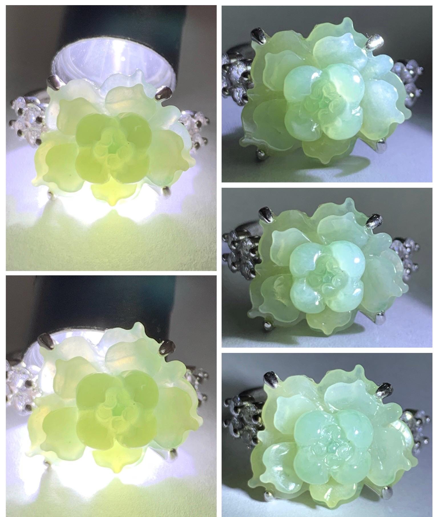 Natural Grade A Guatemalan Icy Dusty Pastel Yellow Jade Jadeite Lotus Flower Ring Sterling Silver Size Adjustable 5g 天然冰危浅黄翡翠莲花戒指 WLY150F