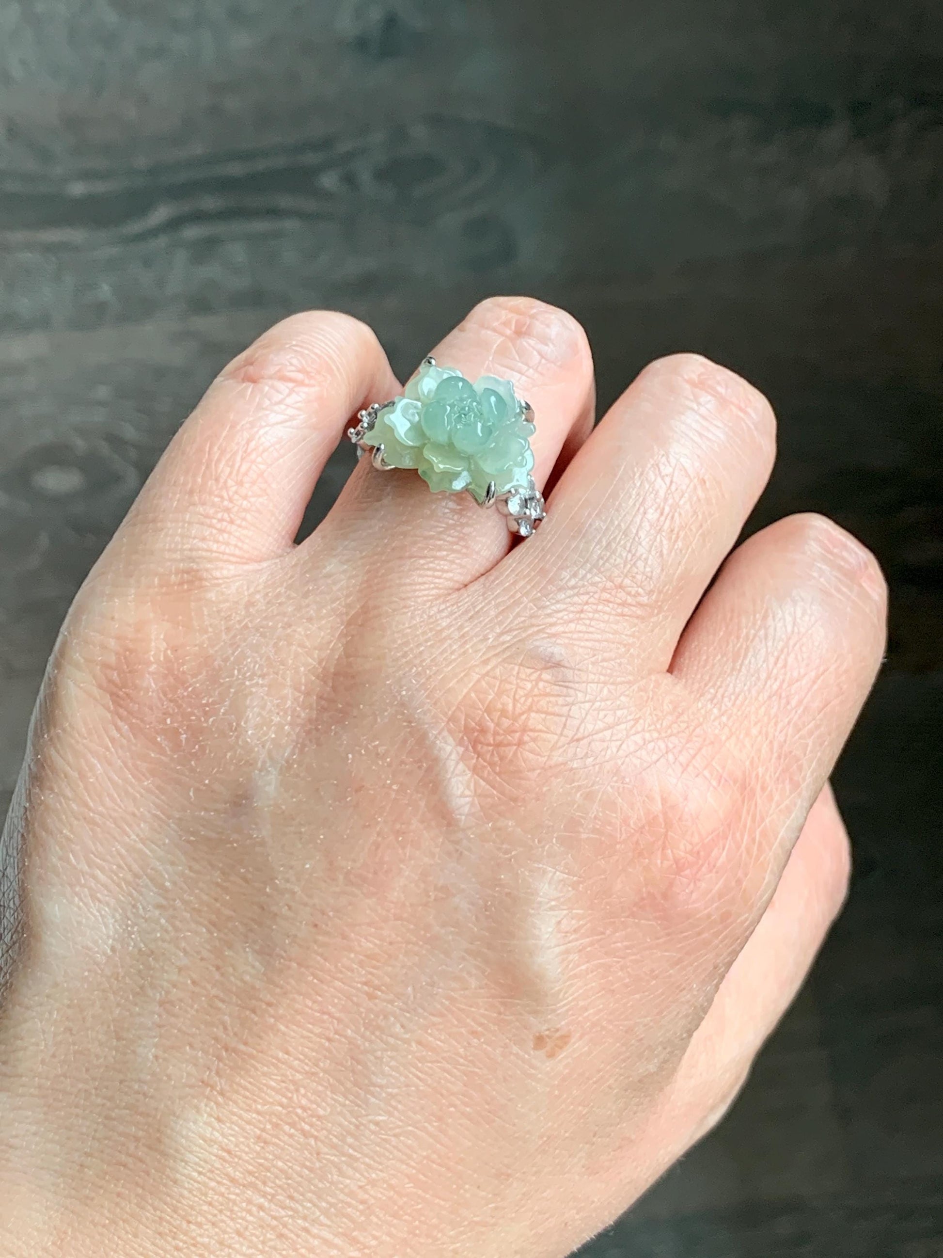 Natural Grade A Guatemalan Icy Dusty Pastel Yellow Jade Jadeite Lotus Flower Ring Sterling Silver Size Adjustable 5g 天然冰危浅黄翡翠莲花戒指 WLY150F