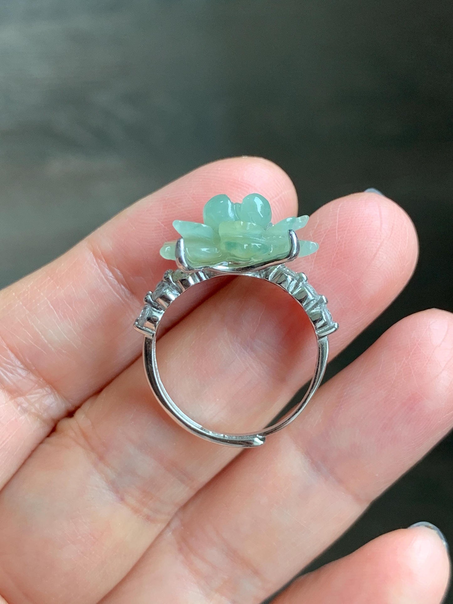 Natural Grade A Guatemalan Icy Dusty Pastel Yellow Jade Jadeite Lotus Flower Ring Sterling Silver Size Adjustable 5g 天然冰危浅黄翡翠莲花戒指 WLY150F