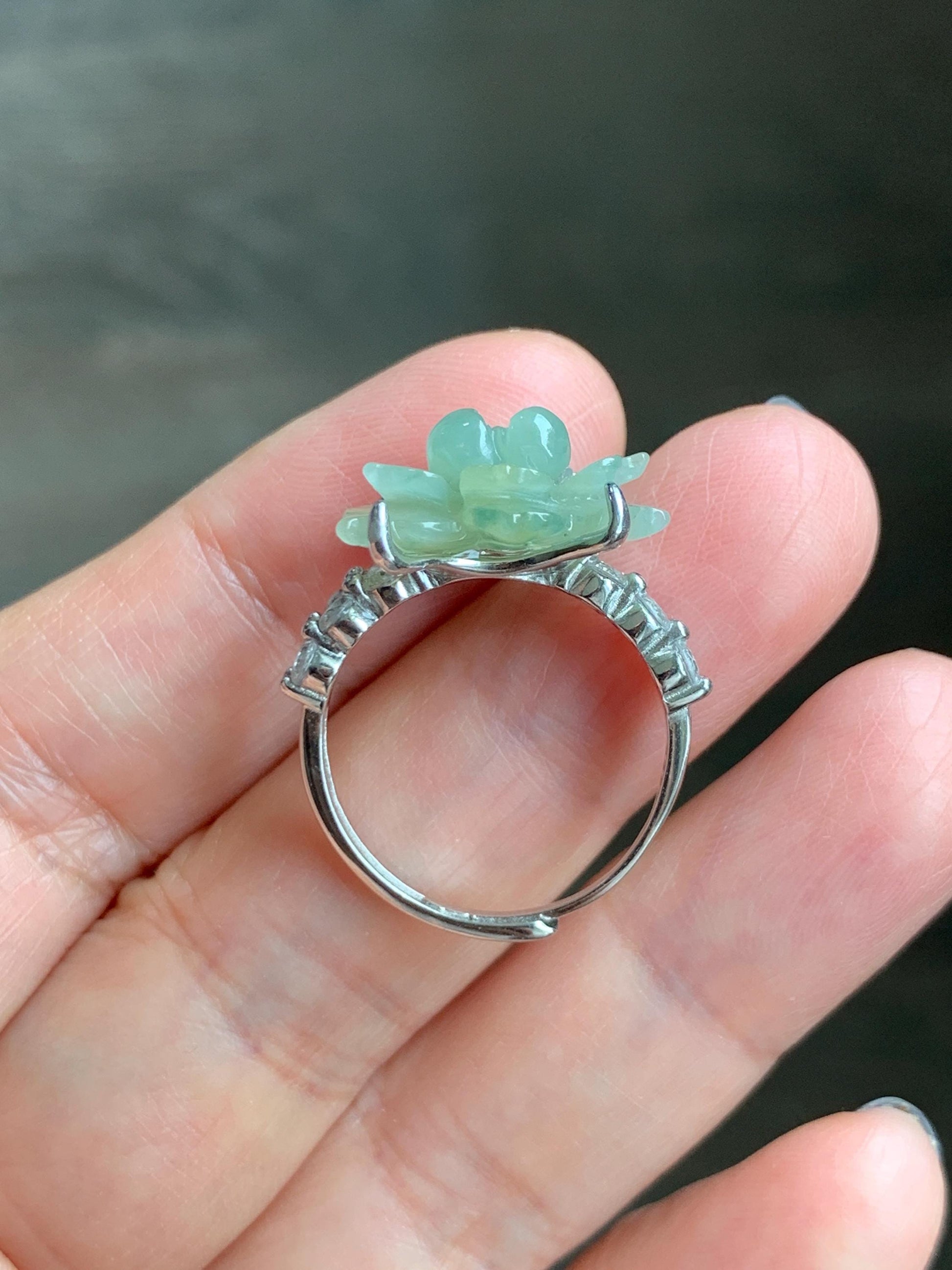 Natural Grade A Guatemalan Icy Dusty Pastel Yellow Jade Jadeite Lotus Flower Ring Sterling Silver Size Adjustable 5g 天然冰危浅黄翡翠莲花戒指 WLY150F