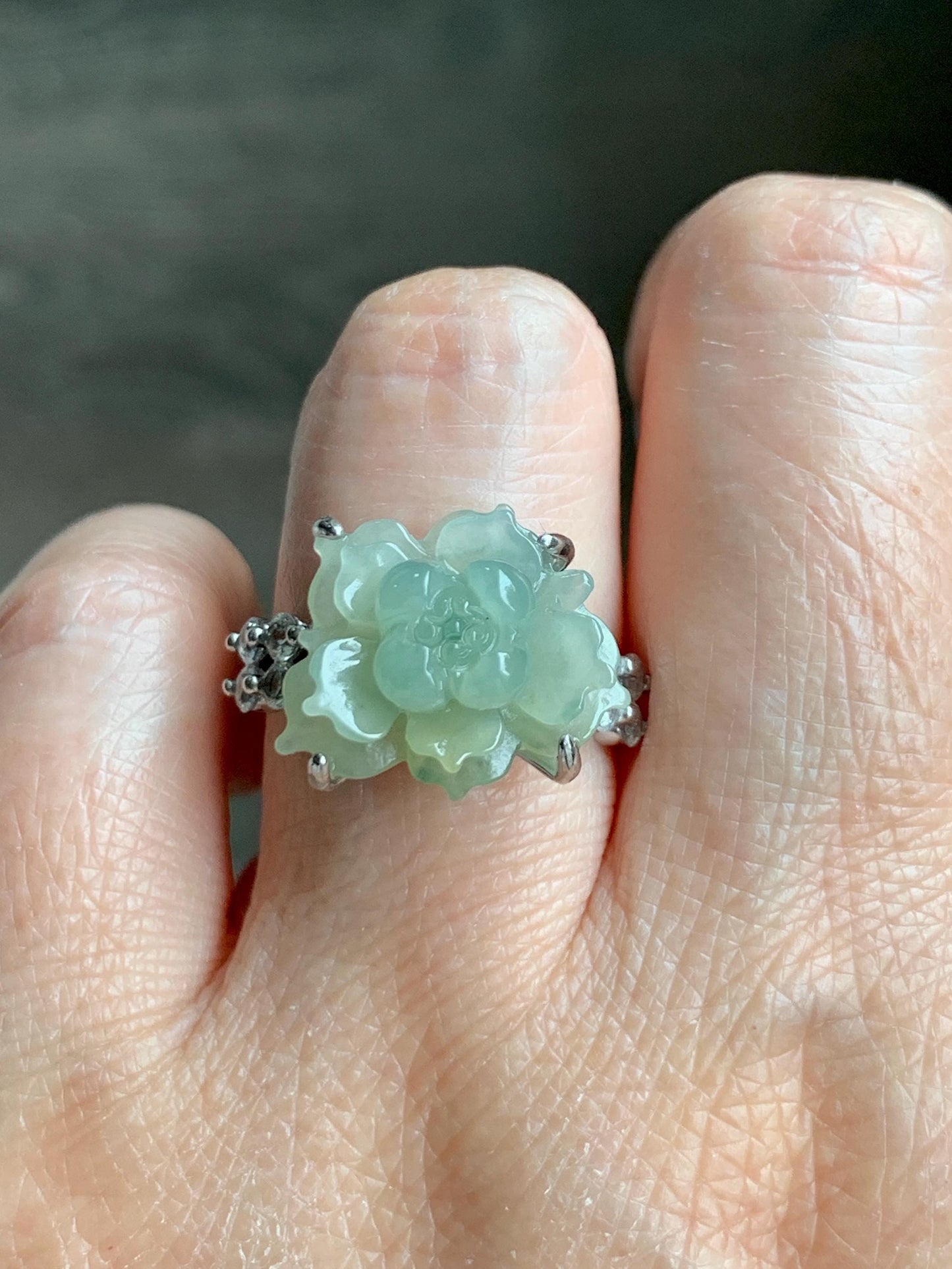 Natural Grade A Guatemalan Icy Dusty Pastel Yellow Jade Jadeite Lotus Flower Ring Sterling Silver Size Adjustable 5g 天然冰危浅黄翡翠莲花戒指 WLY150F