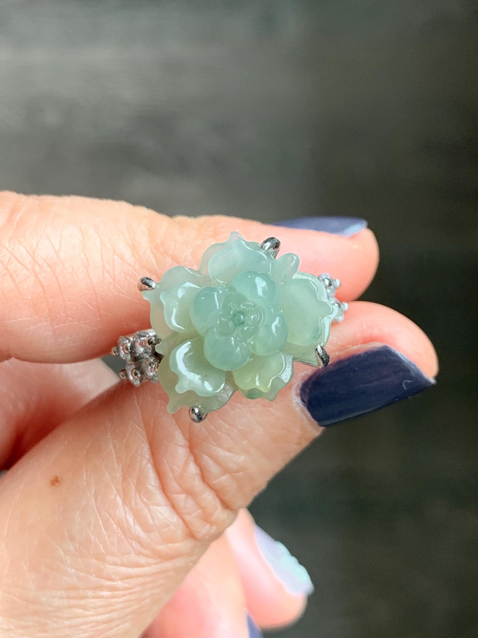 Natural Grade A Guatemalan Icy Dusty Pastel Yellow Jade Jadeite Lotus Flower Ring Sterling Silver Size Adjustable 5g 天然冰危浅黄翡翠莲花戒指 WLY150F