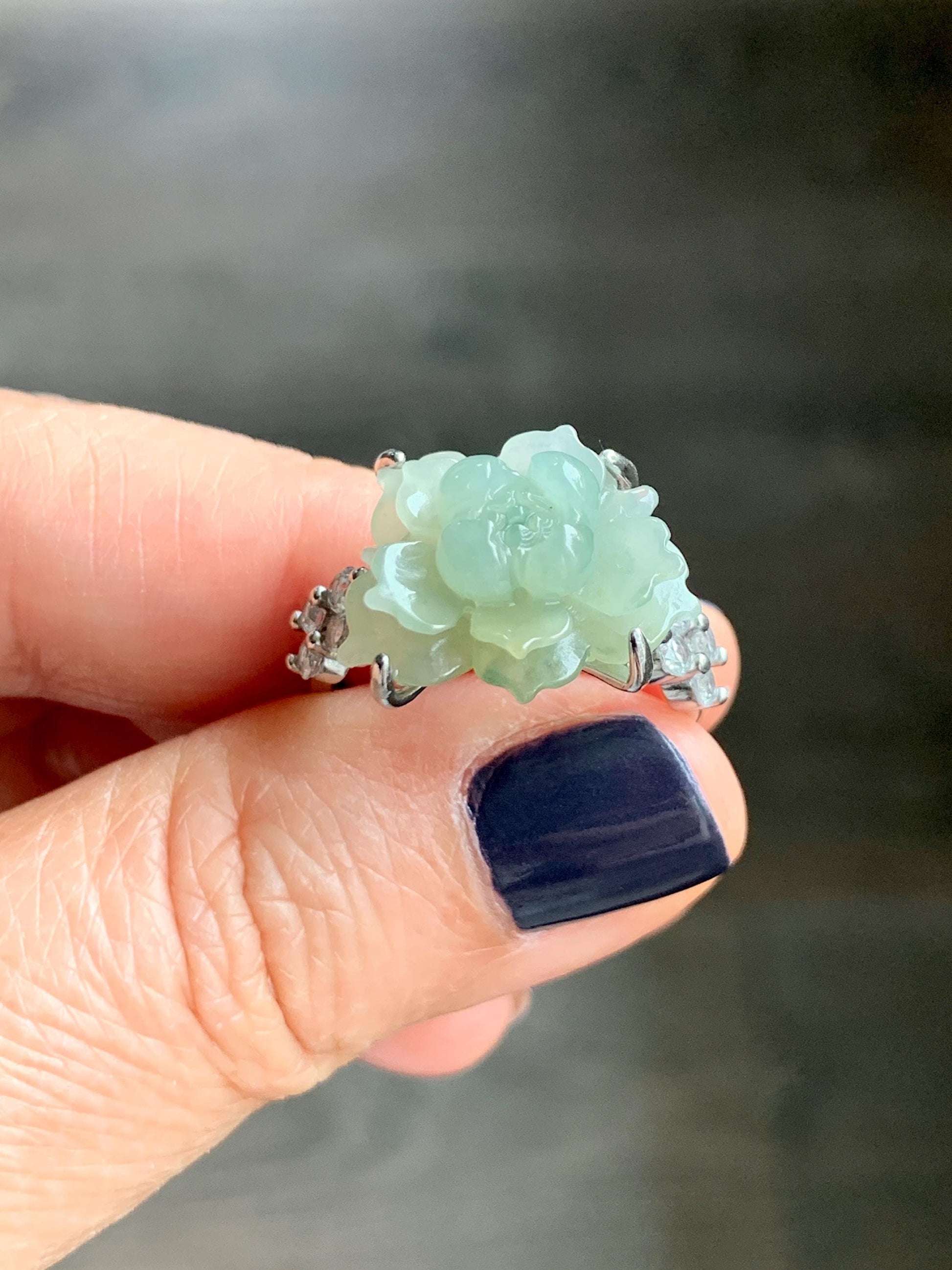 Natural Grade A Guatemalan Icy Dusty Pastel Yellow Jade Jadeite Lotus Flower Ring Sterling Silver Size Adjustable 5g 天然冰危浅黄翡翠莲花戒指 WLY150F