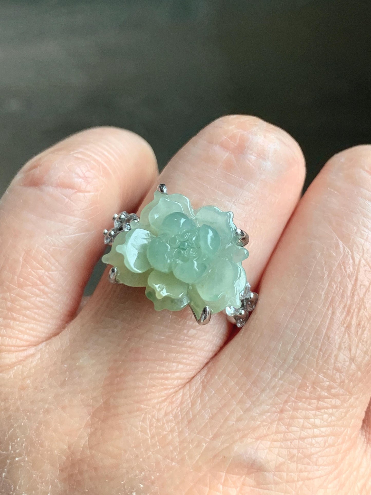 Natural Grade A Guatemalan Icy Dusty Pastel Yellow Jade Jadeite Lotus Flower Ring Sterling Silver Size Adjustable 5g 天然冰危浅黄翡翠莲花戒指 WLY150F