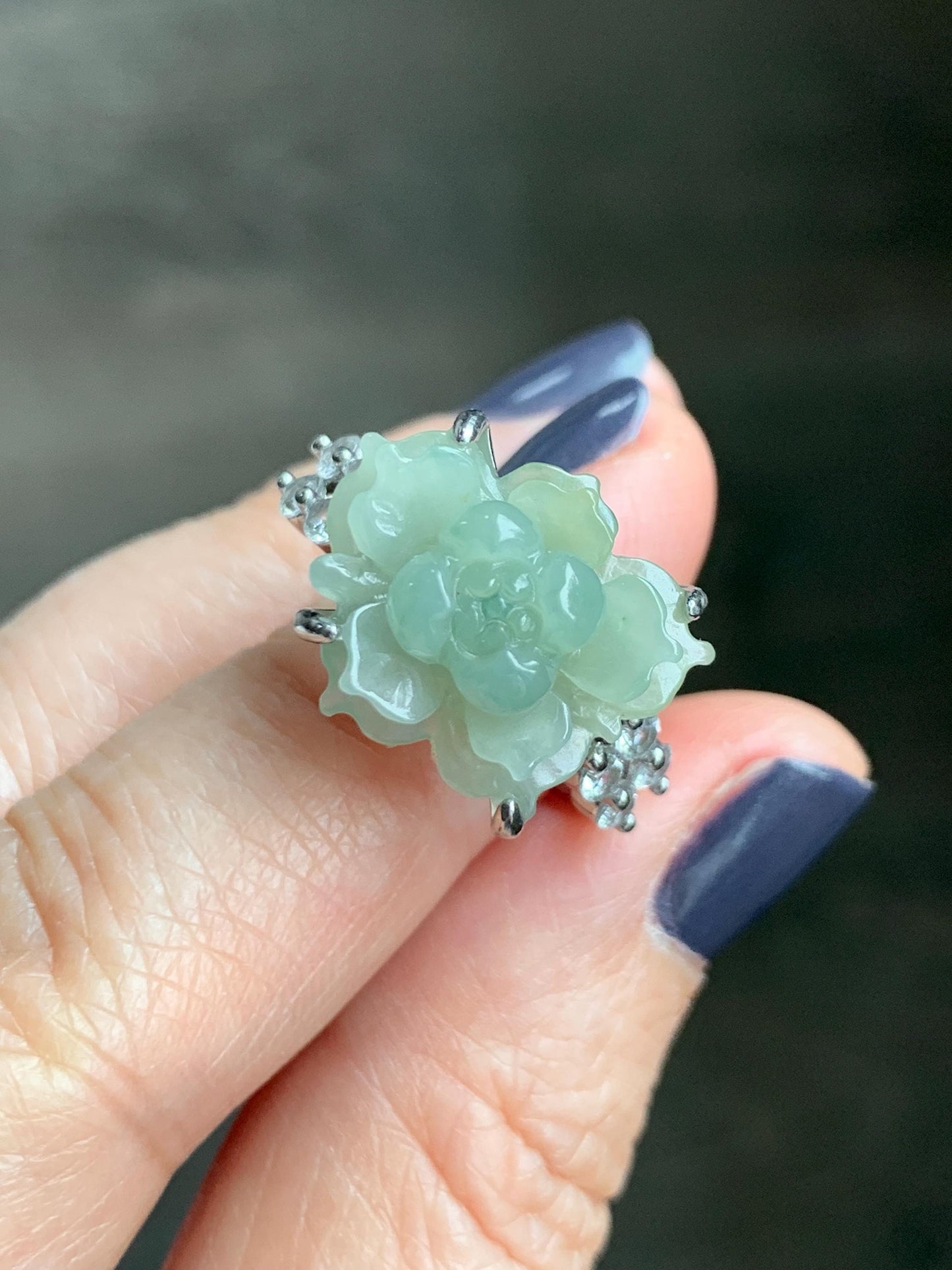 Natural Grade A Guatemalan Icy Dusty Pastel Yellow Jade Jadeite Lotus Flower Ring Sterling Silver Size Adjustable 5g 天然冰危浅黄翡翠莲花戒指 WLY150F