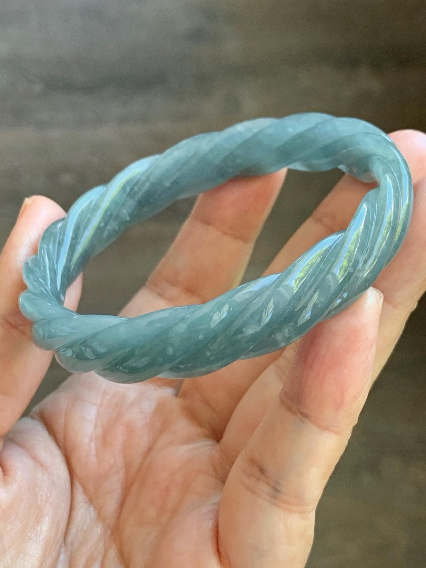 Certified Natural Grade A Guatemalan Icy Translucent Dark Dusty Blue Jade Jadeite Carved Braid Bangle 57.59mm 7.12” 33g 天然冰危暗蓝翡翠麻花手镯 488