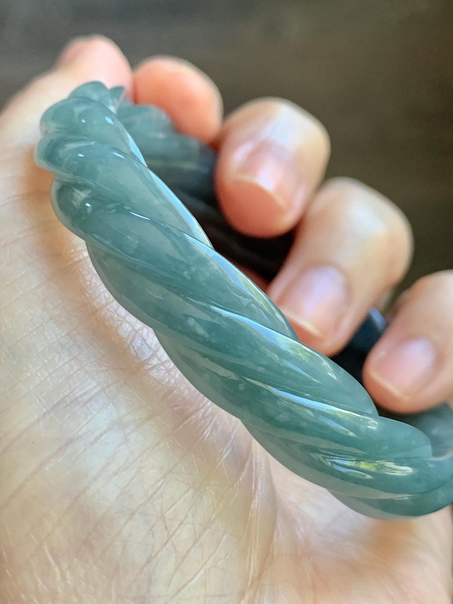 Certified Natural Grade A Guatemalan Icy Translucent Dark Dusty Blue Jade Jadeite Carved Braid Bangle 57.59mm 7.12” 33g 天然冰危暗蓝翡翠麻花手镯 488