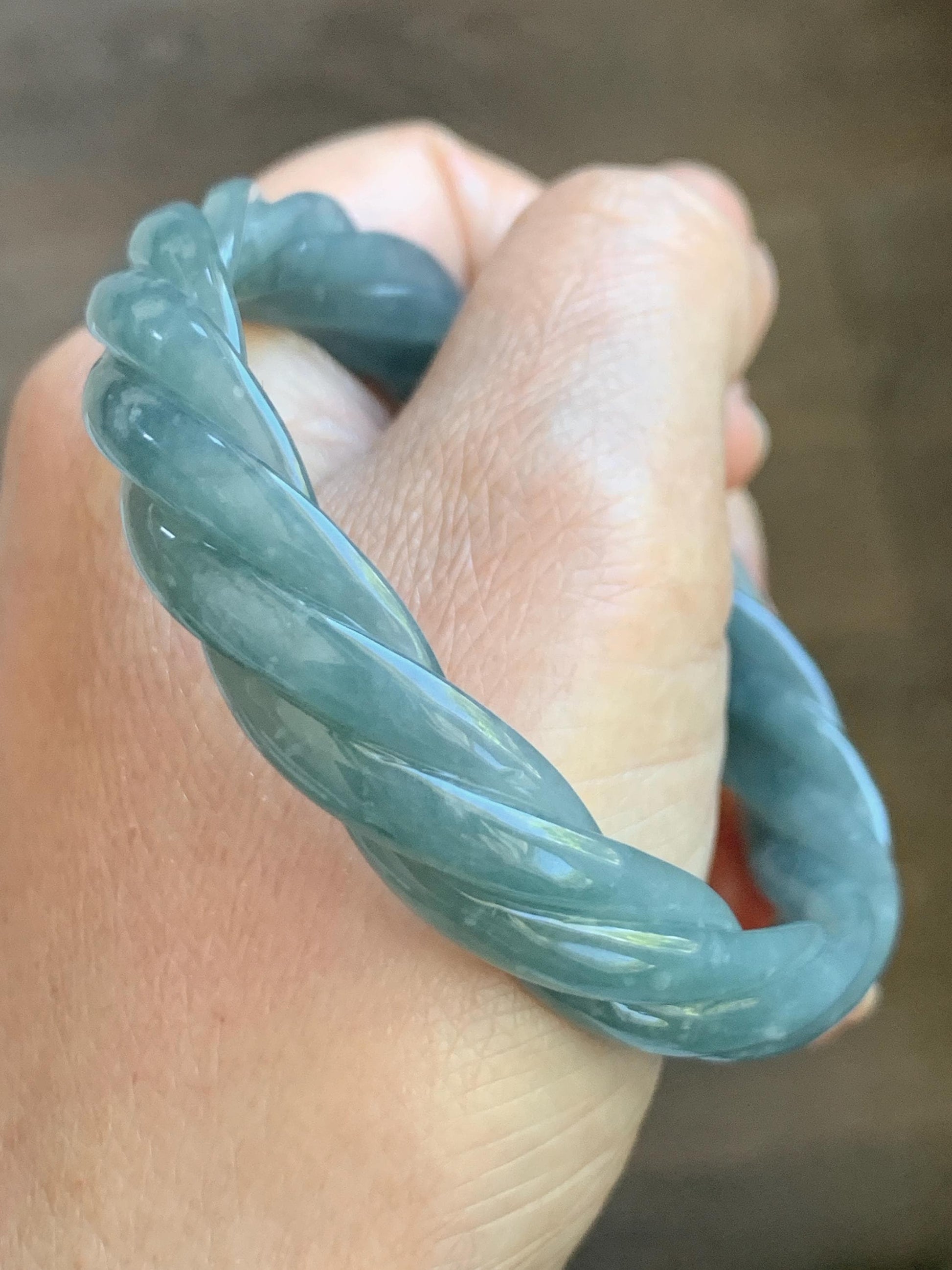 Certified Natural Grade A Guatemalan Icy Translucent Dark Dusty Blue Jade Jadeite Carved Braid Bangle 57.59mm 7.12” 33g 天然冰危暗蓝翡翠麻花手镯 488