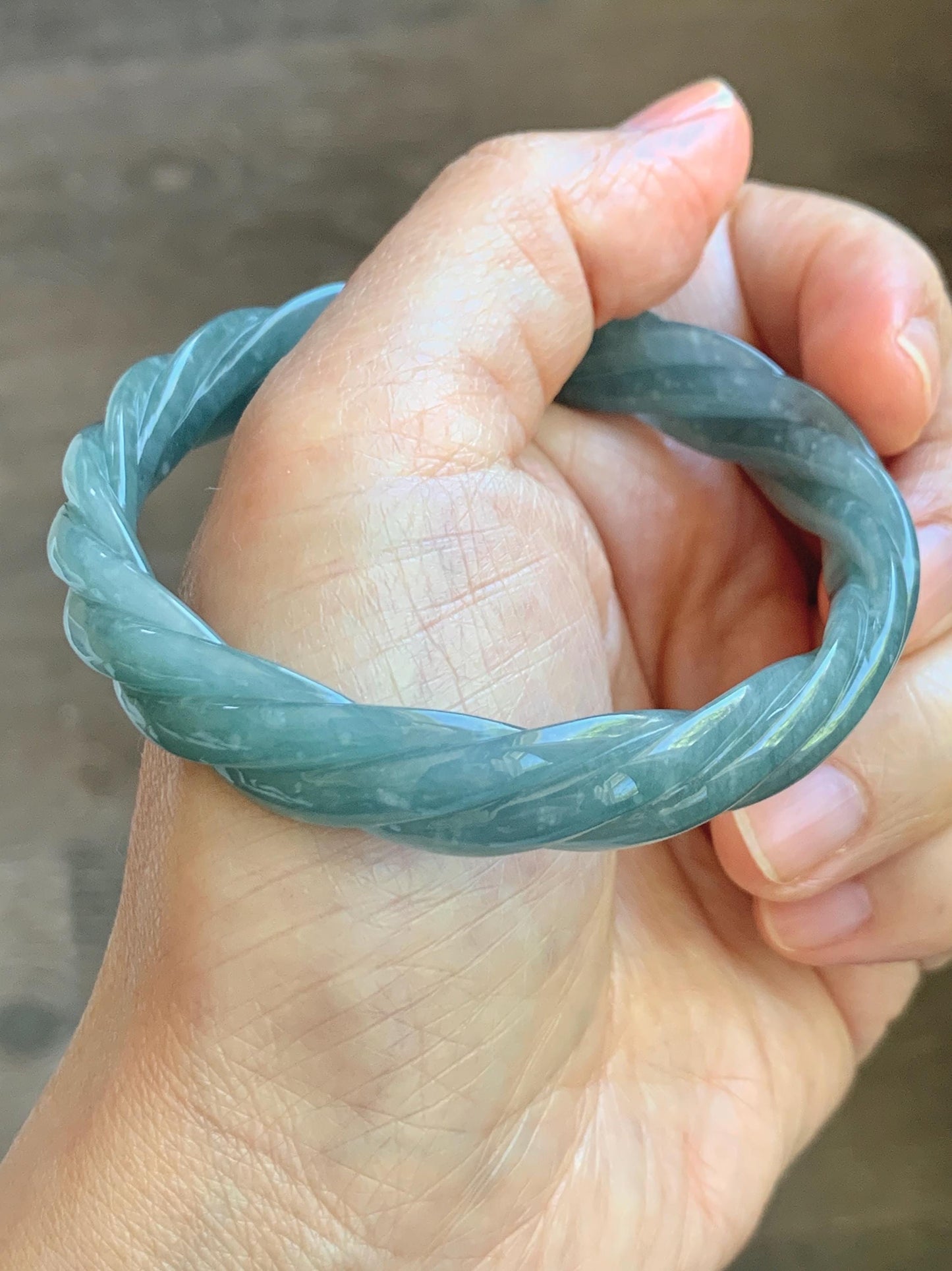 Certified Natural Grade A Guatemalan Icy Translucent Dark Dusty Blue Jade Jadeite Carved Braid Bangle 57.59mm 7.12” 33g 天然冰危暗蓝翡翠麻花手镯 488