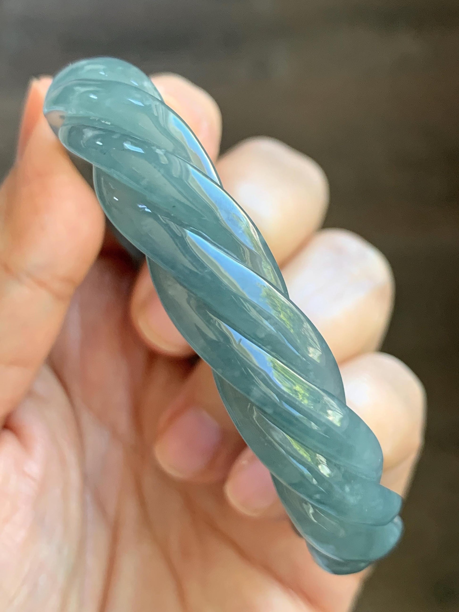 Certified Natural Grade A Guatemalan Icy Translucent Dark Dusty Blue Jade Jadeite Carved Braid Bangle 57.59mm 7.12” 33g 天然冰危暗蓝翡翠麻花手镯 488
