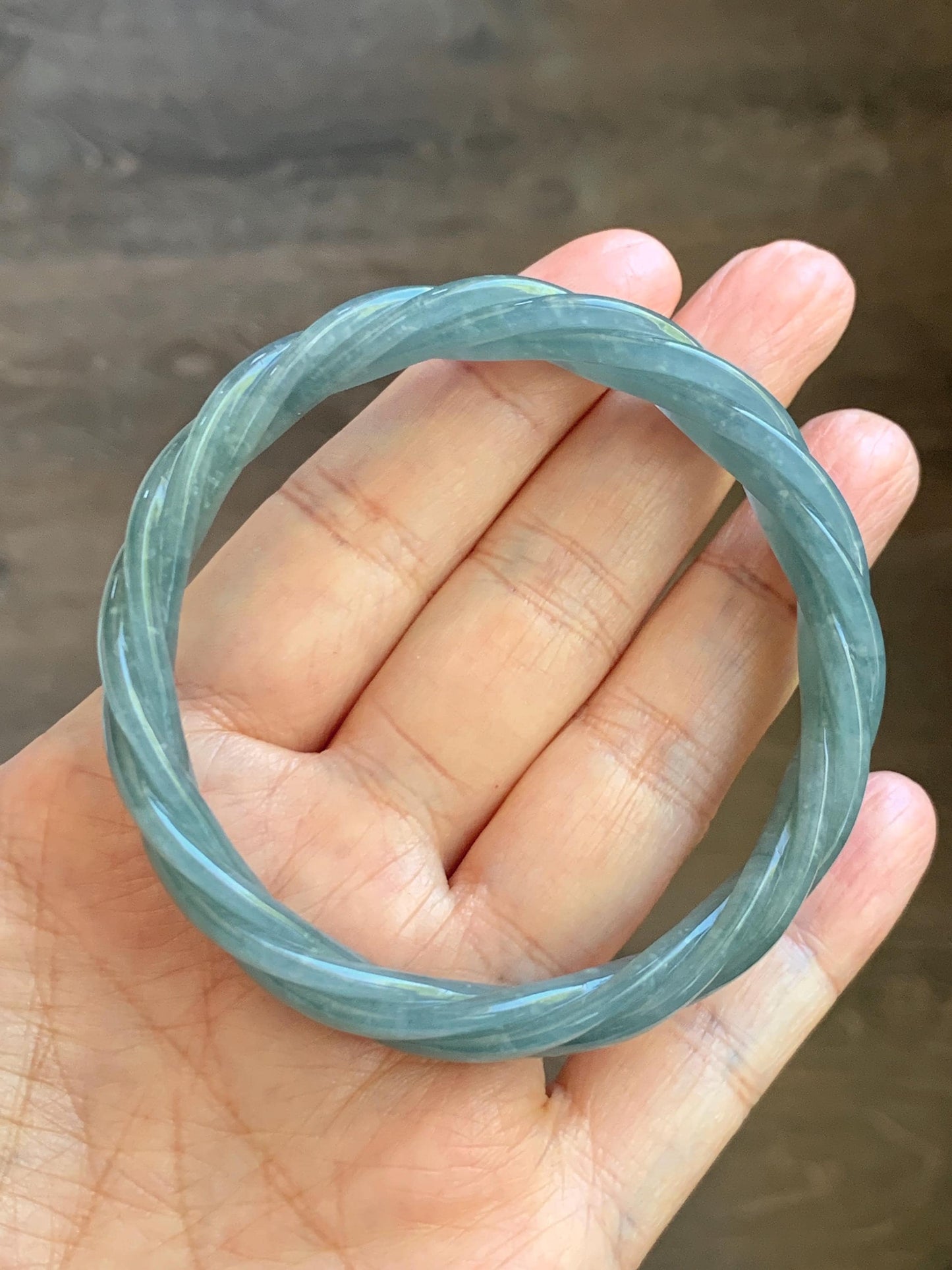 Certified Natural Grade A Guatemalan Icy Translucent Dark Dusty Blue Jade Jadeite Carved Braid Bangle 57.59mm 7.12” 33g 天然冰危暗蓝翡翠麻花手镯 488
