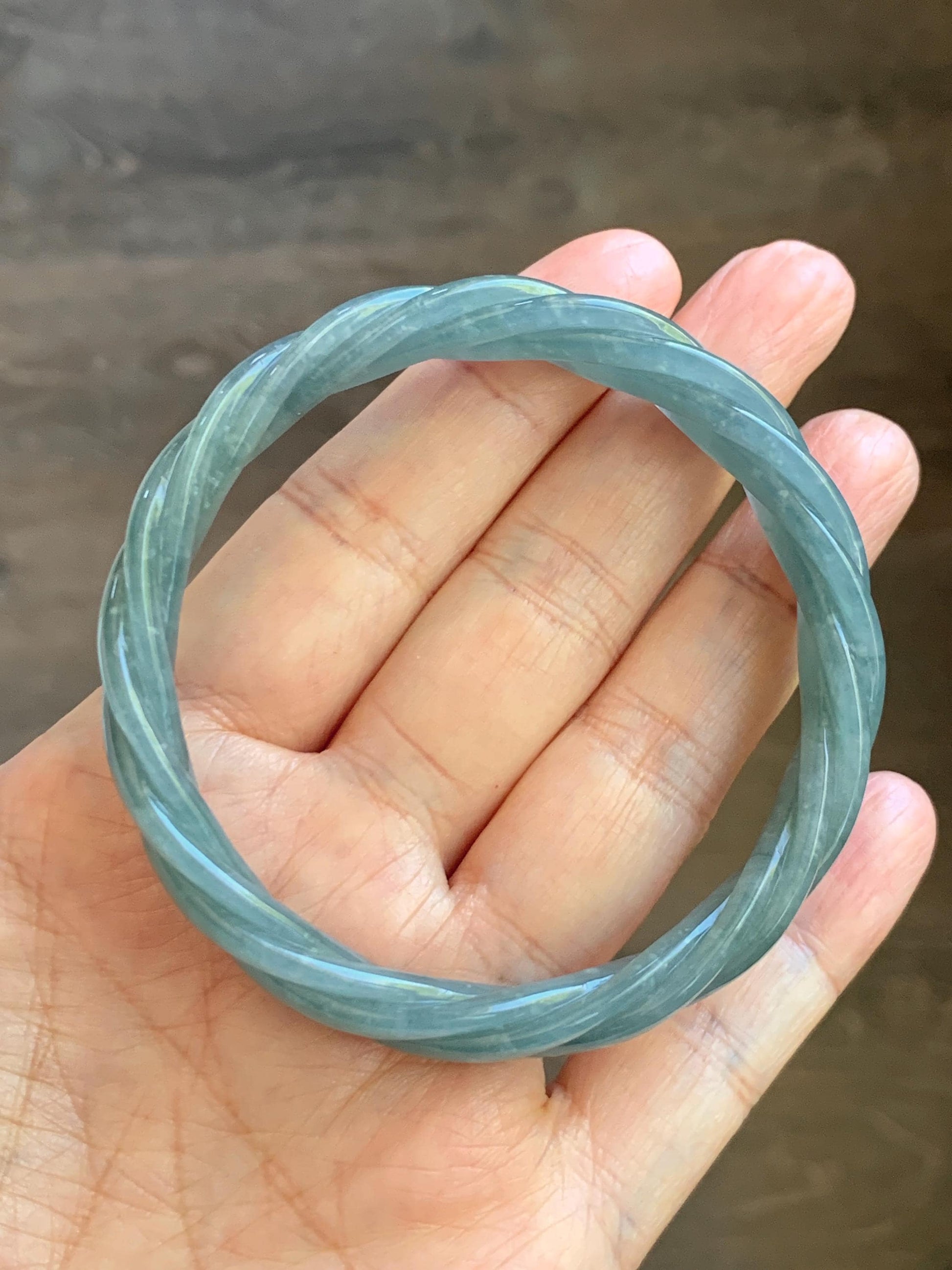 Certified Natural Grade A Guatemalan Icy Translucent Dark Dusty Blue Jade Jadeite Carved Braid Bangle 57.59mm 7.12” 33g 天然冰危暗蓝翡翠麻花手镯 488
