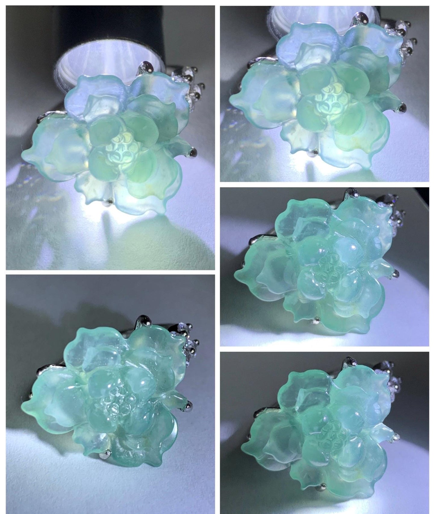 Natural Grade A Guatemalan Icy Translucent Teal Blue Jade Jadeite Lotus Flower Ring Sterling Silver Size Adjustable 5g 天然冰危浅蓝绿翡翠莲花戒指 WLY150G