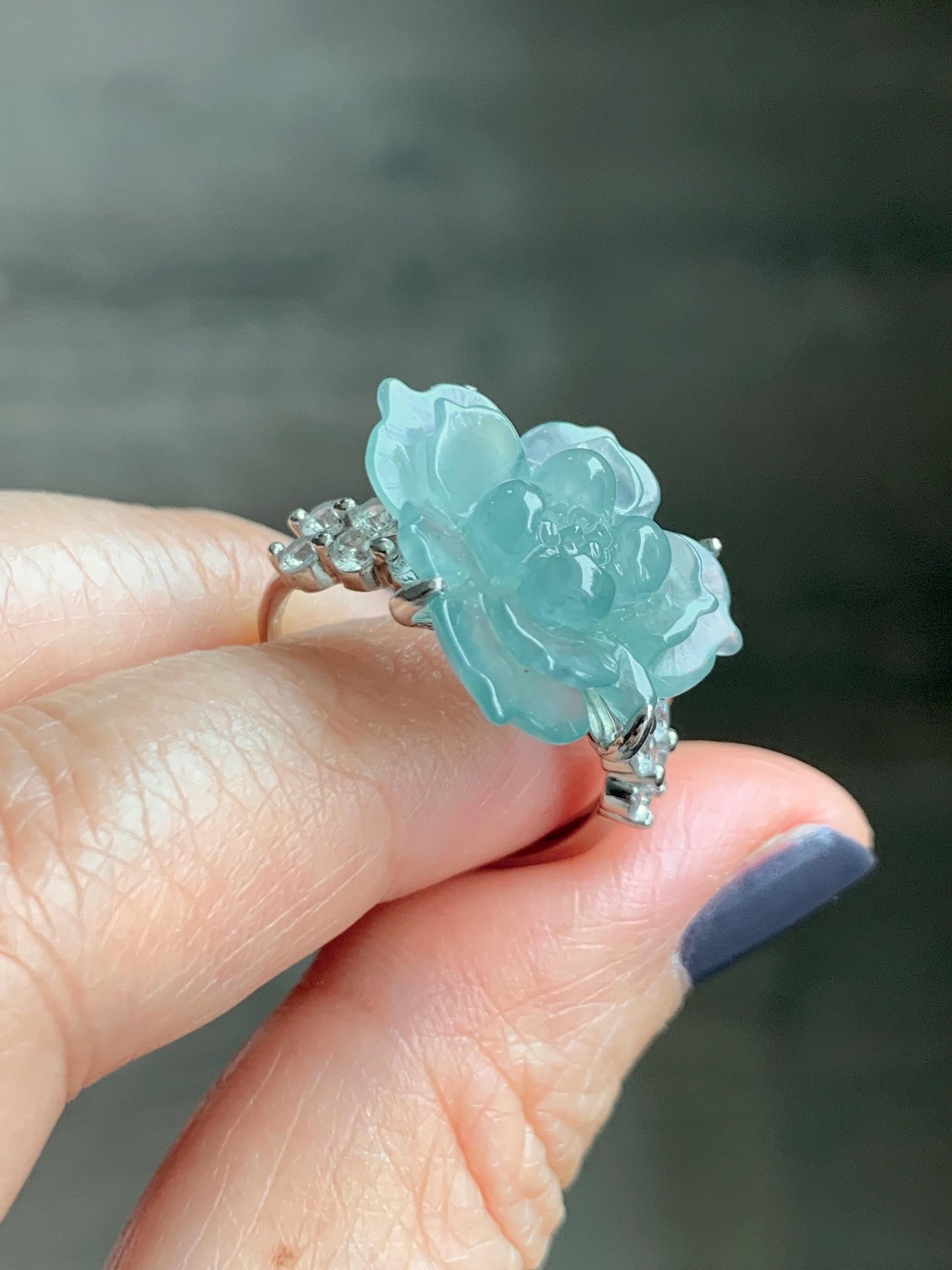 Natural Grade A Guatemalan Icy Translucent Teal Blue Jade Jadeite Lotus Flower Ring Sterling Silver Size Adjustable 5g 天然冰危浅蓝绿翡翠莲花戒指 WLY150G