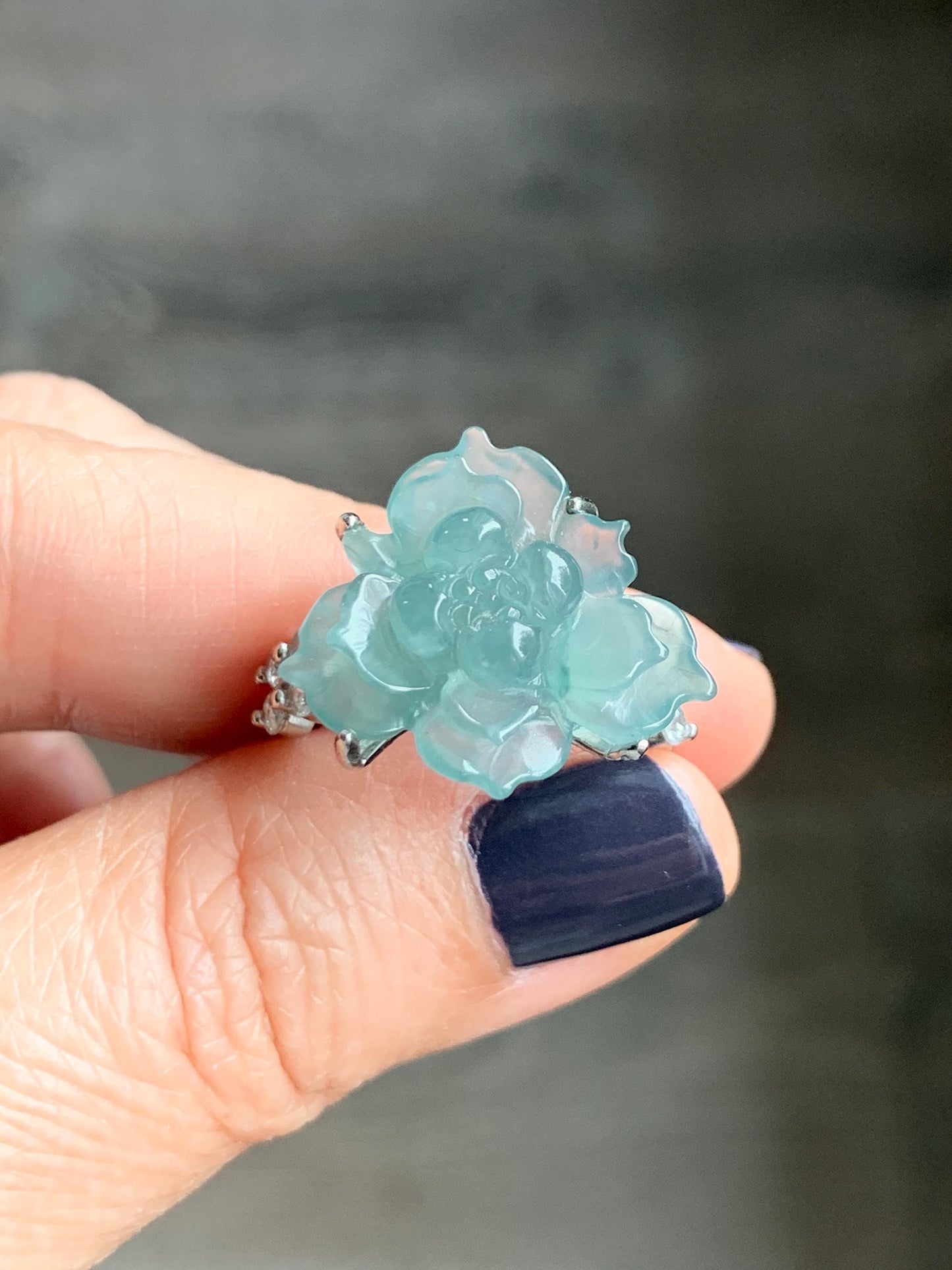 Natural Grade A Guatemalan Icy Translucent Teal Blue Jade Jadeite Lotus Flower Ring Sterling Silver Size Adjustable 5g 天然冰危浅蓝绿翡翠莲花戒指 WLY150G