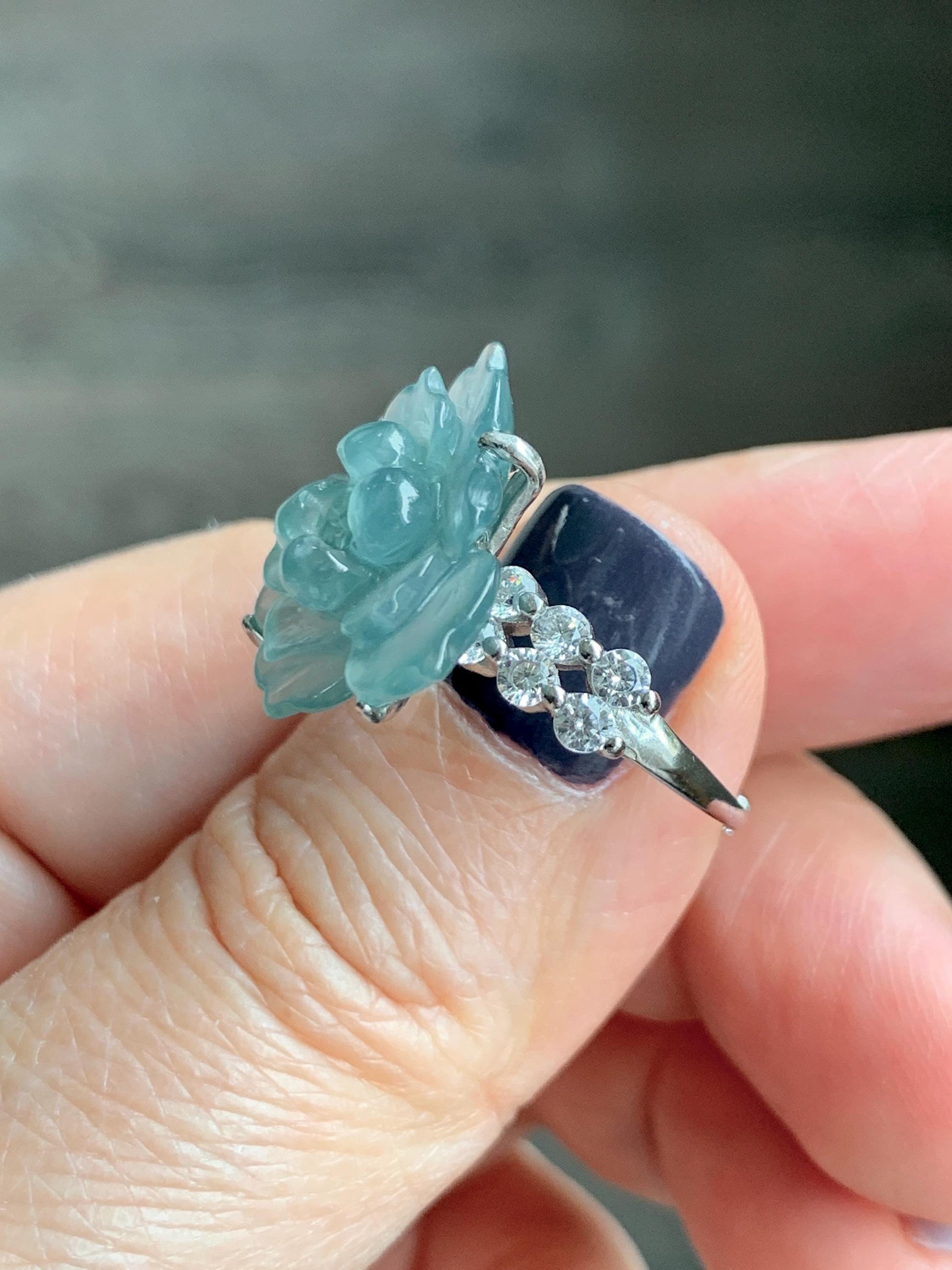 Natural Grade A Guatemalan Icy Translucent Teal Blue Jade Jadeite Lotus Flower Ring Sterling Silver Size Adjustable 5g 天然冰危浅蓝绿翡翠莲花戒指 WLY150G