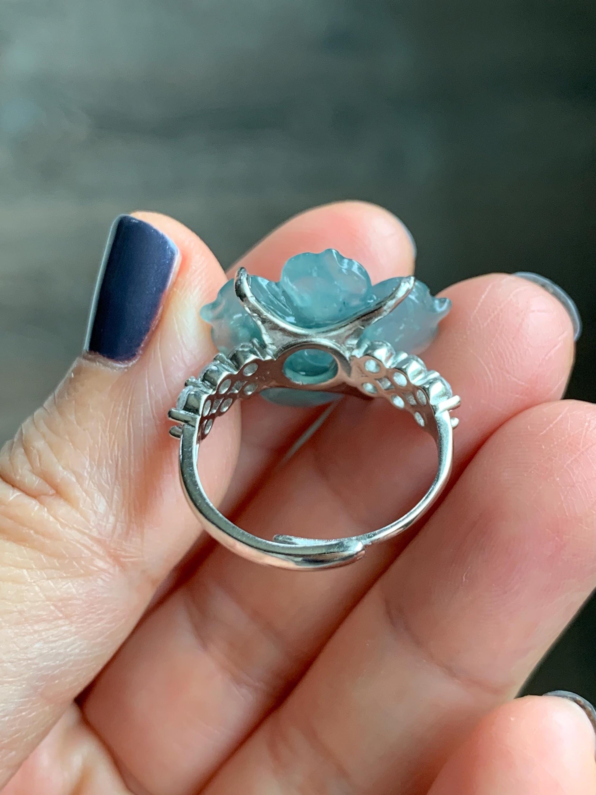 Natural Grade A Guatemalan Icy Translucent Teal Blue Jade Jadeite Lotus Flower Ring Sterling Silver Size Adjustable 5g 天然冰危浅蓝绿翡翠莲花戒指 WLY150G