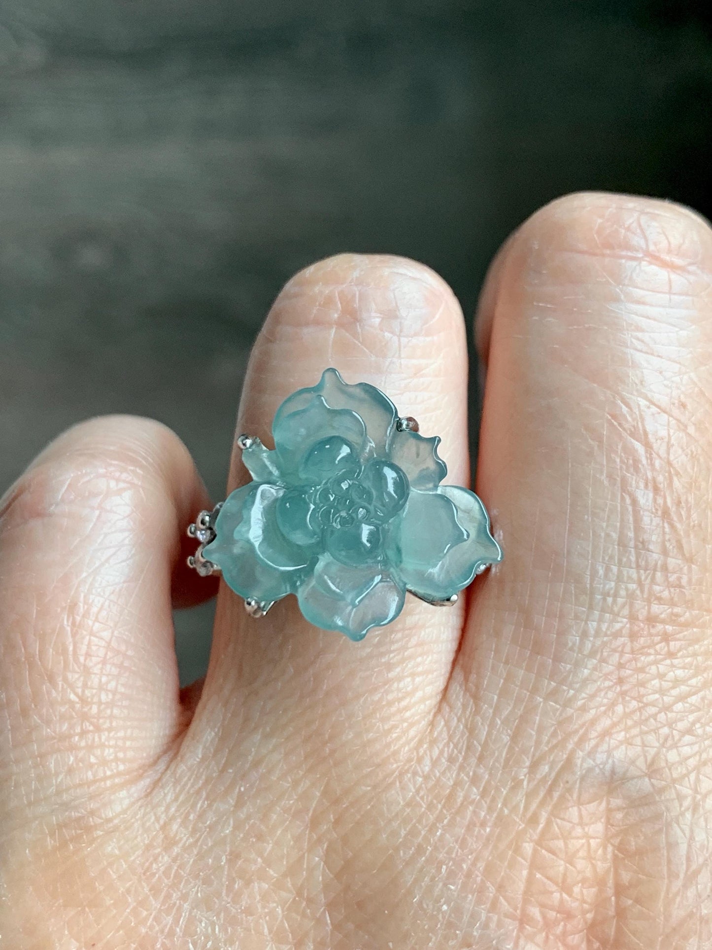 Natural Grade A Guatemalan Icy Translucent Teal Blue Jade Jadeite Lotus Flower Ring Sterling Silver Size Adjustable 5g 天然冰危浅蓝绿翡翠莲花戒指 WLY150G